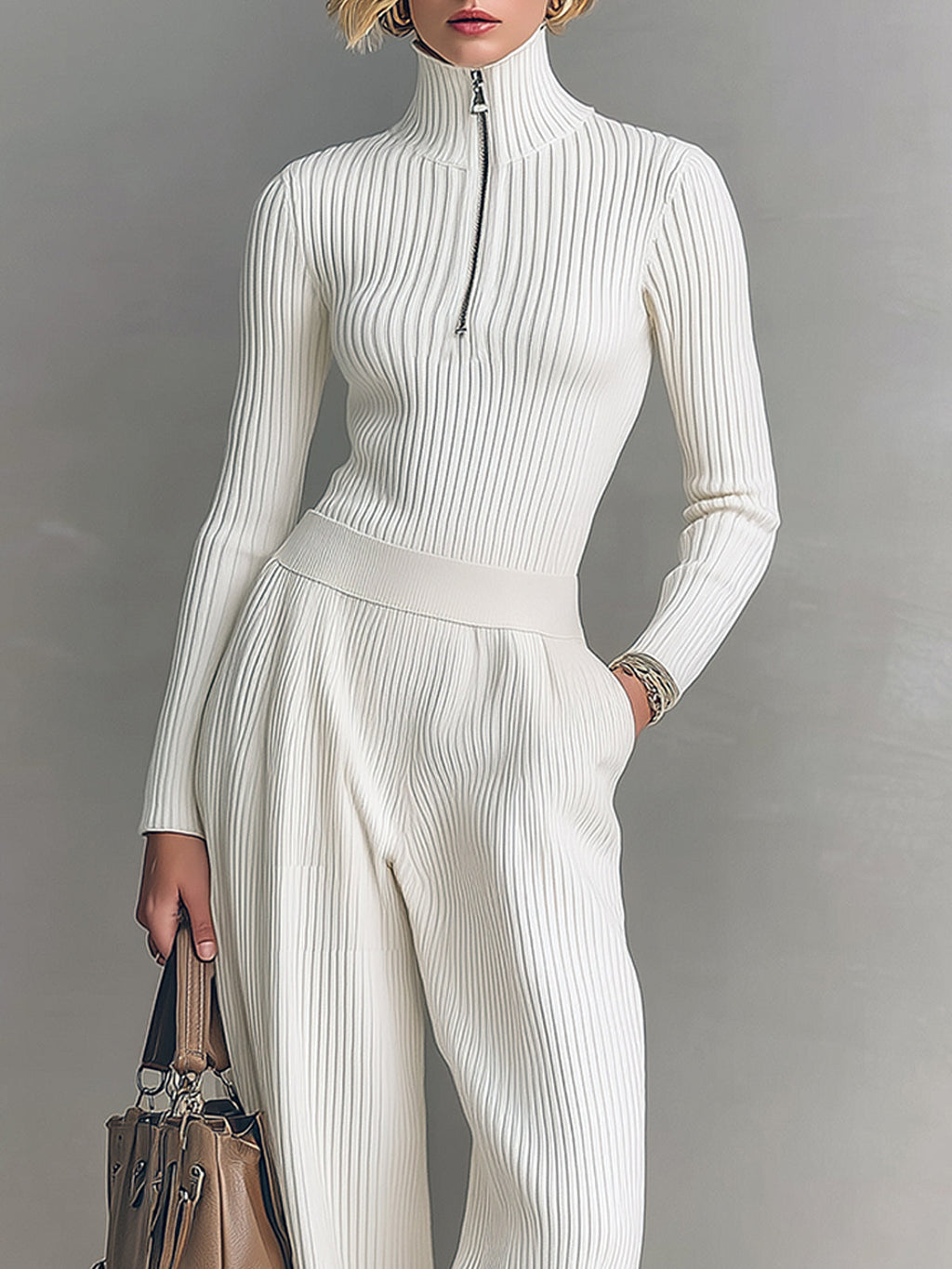 Chic Elegant Zip-up Mock Neck Slim-Fit Sweater Elastic Waist Wide-Leg Pants Knit Two-Piece Set