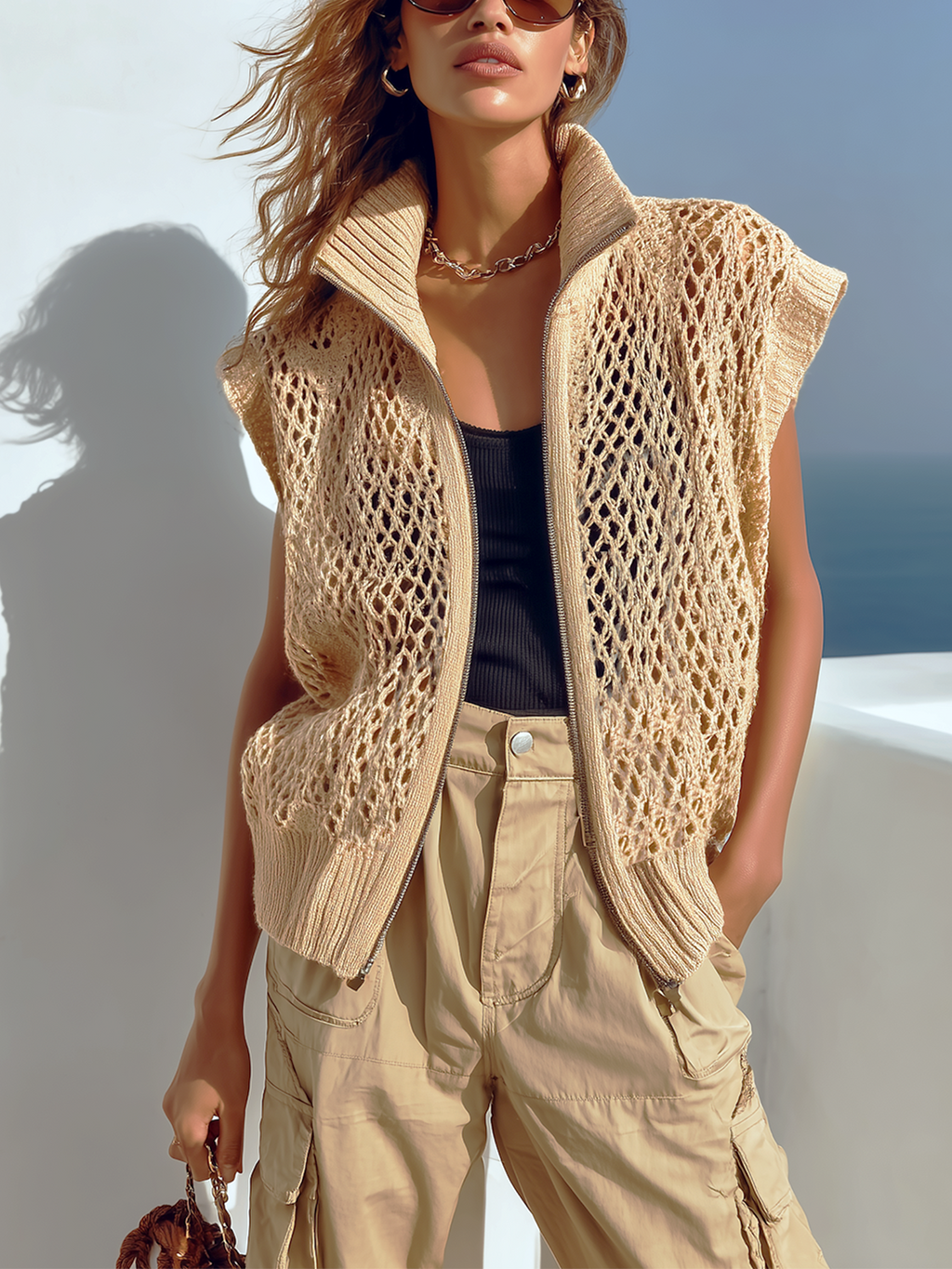 Chic Casual Beige Zipper-Up Stand Collar Sleeveless Loose Hollow-Out Knit Vest Top