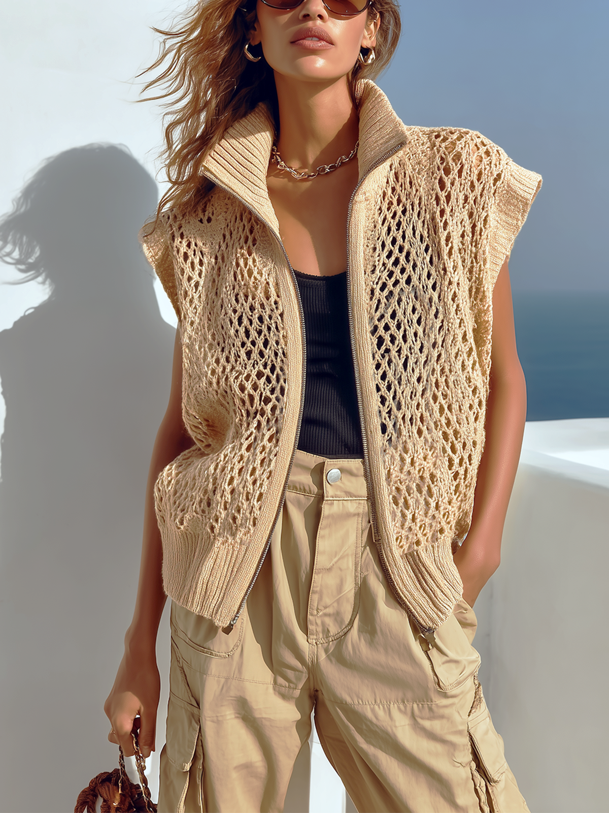 Chic Casual Beige Zipper-Up Stand Collar Sleeveless Loose Hollow-Out Knit Vest Top