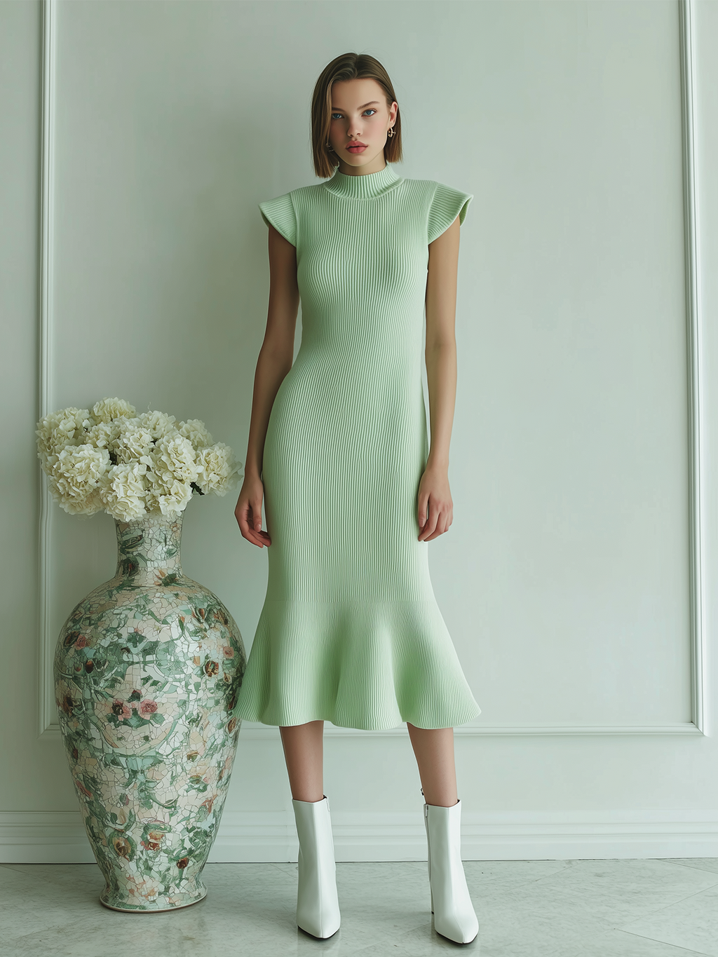 Chic Vintage Light Green Stand Collar Little Flying Sleeve Flared Hem Fit Knit Dress