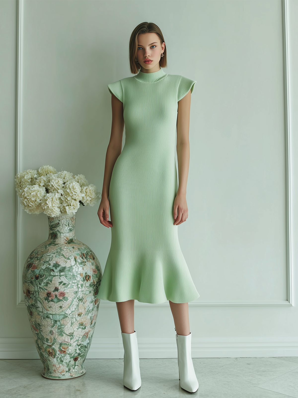 Chic Vintage Light Green Stand Collar Little Flying Sleeve Flared Hem Fit Knit Dress