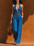Chic Elegant Blue Halter Lapel Collar V-Neck Sleeveless Slim-Fit Waist Tie Tencel Denim Wide-Leg Jumpsuit