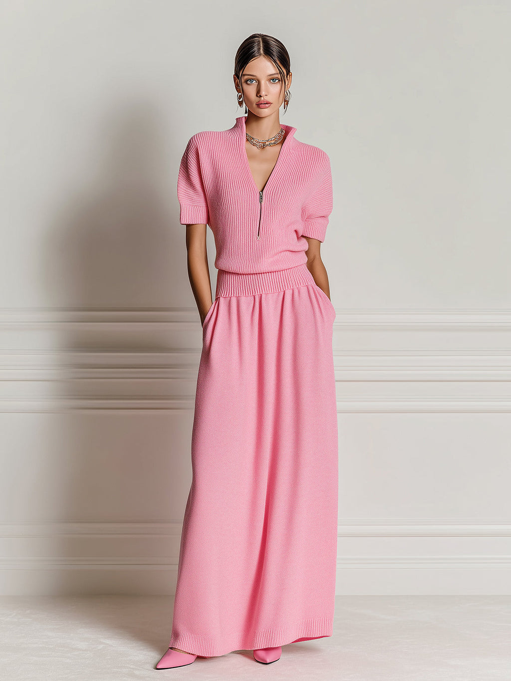 Chic Vintage Pink Zipper-Up V-Neck Short-Sleeve Loose-Fit Sweater A-Line Maxi Dress Knit Two-Piece Set