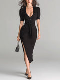 Chic Elegant Black Deep V-Neck Button-Front Short-Sleeve Tie-Waist Slim-Fit Side Slit Ribbed Knit Bodycon Midi Dress