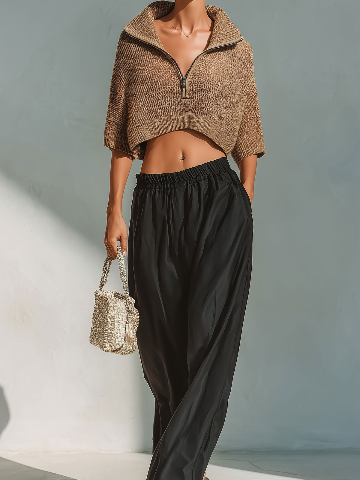 Chic Elegant Brown Zipper-Up Lapel Collar Half-Sleeve Loose-Fit Knit Cropped Sweater Black Satin Pants Two-Piece Set