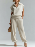 Chic Casual White Lapel-Collar Zip-Front Sleeveless Loose Vest Wide-Leg Pants Knit Two-Piece Set