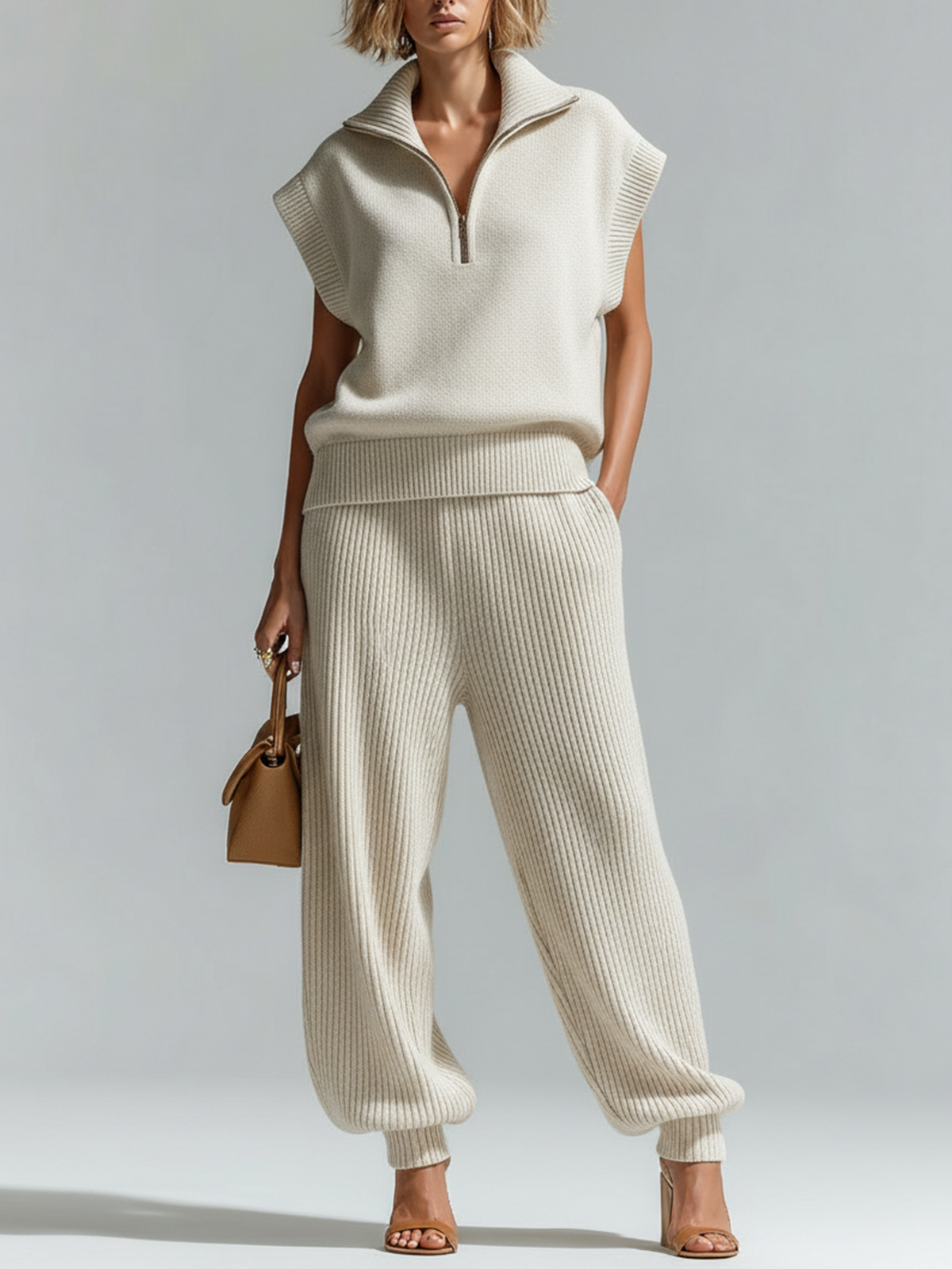 Chic Casual White Lapel-Collar Zip-Front Sleeveless Loose Vest Wide-Leg Pants Knit Two-Piece Set