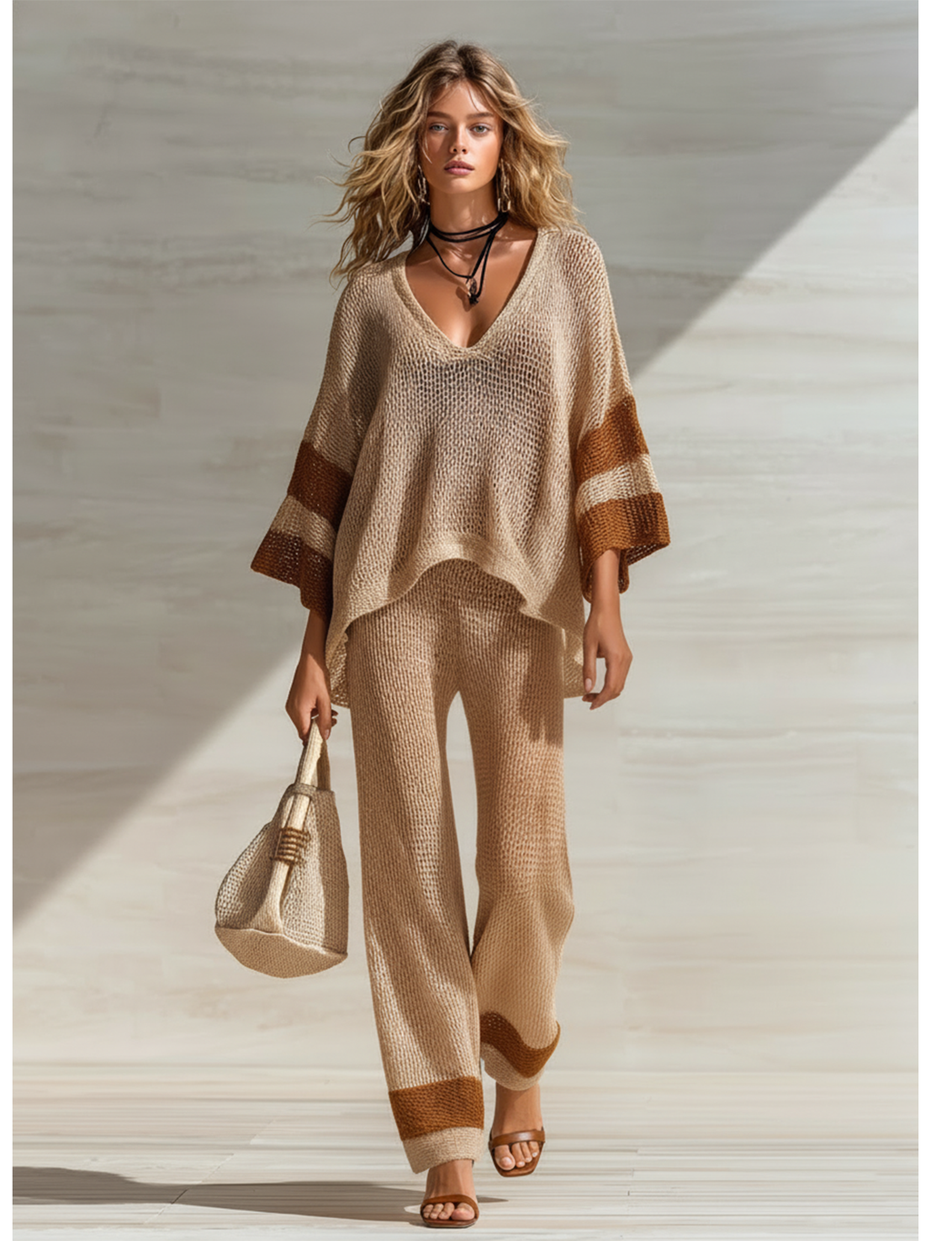 Chic Elegant Camel Colorblock V-Neck Three-Quarter Sleeves Loose Sweater Top Wide-leg Pants Knit Two-Piece Set