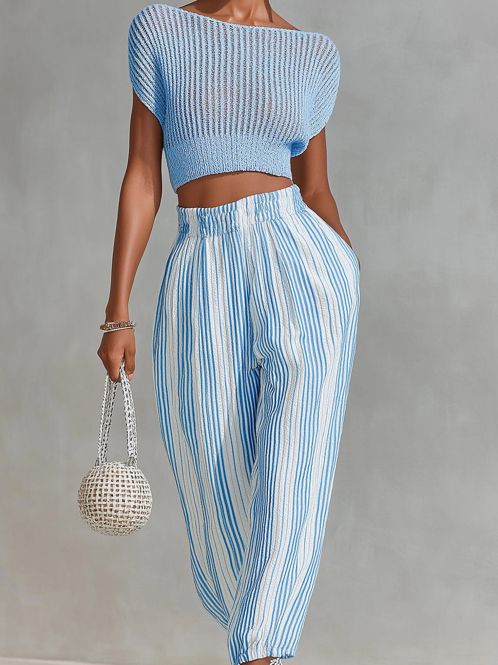 Chic Elegant Blue Short-Sleeve Loose-Fit Mesh Knit Top Blue-White Stripes Cotton Blend Cuffed Pants Two-Piece Set
