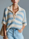 Chic Casual Blue White Stripes Button-Up Lapel Collar Short-Sleeve Loose-Fit Fuzzy Mohair Knit Sweater Top