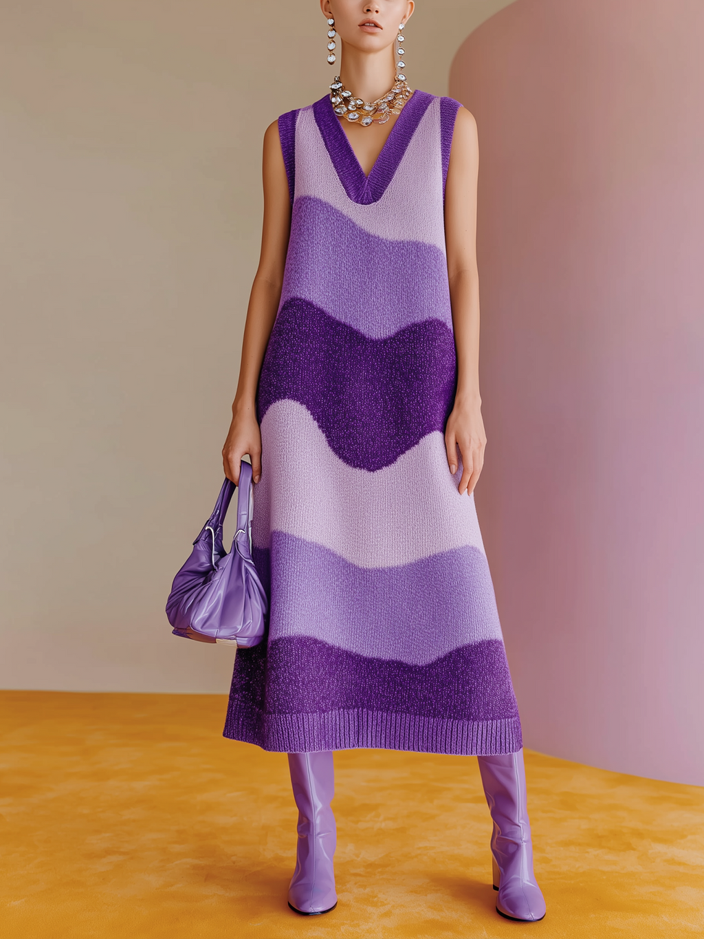 Chic Elegant Purple Stripe V-Neck Sleeveless A-Line Loose-Fit Knit Midi Dress