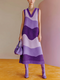 Chic Elegant Purple Stripe V-Neck Sleeveless A-Line Loose-Fit Knit Midi Dress