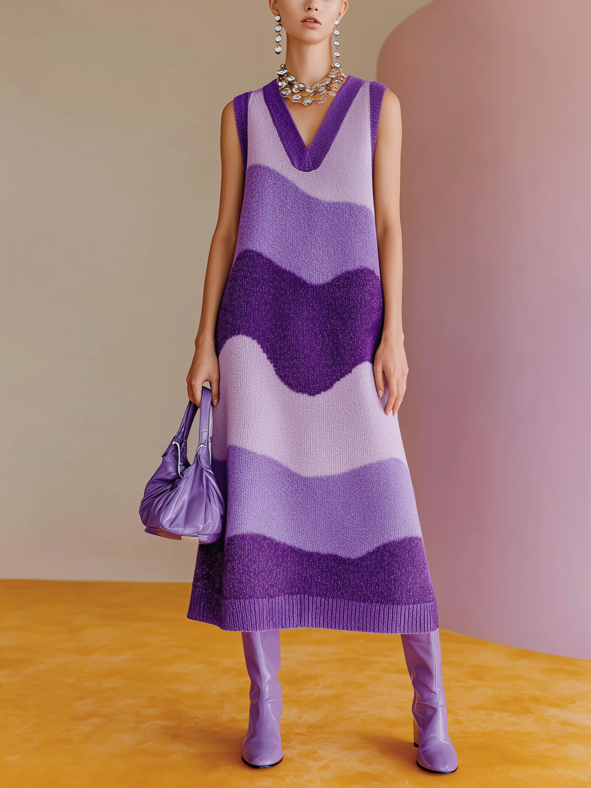 Chic Elegant Purple Stripe V-Neck Sleeveless A-Line Loose-Fit Knit Midi Dress