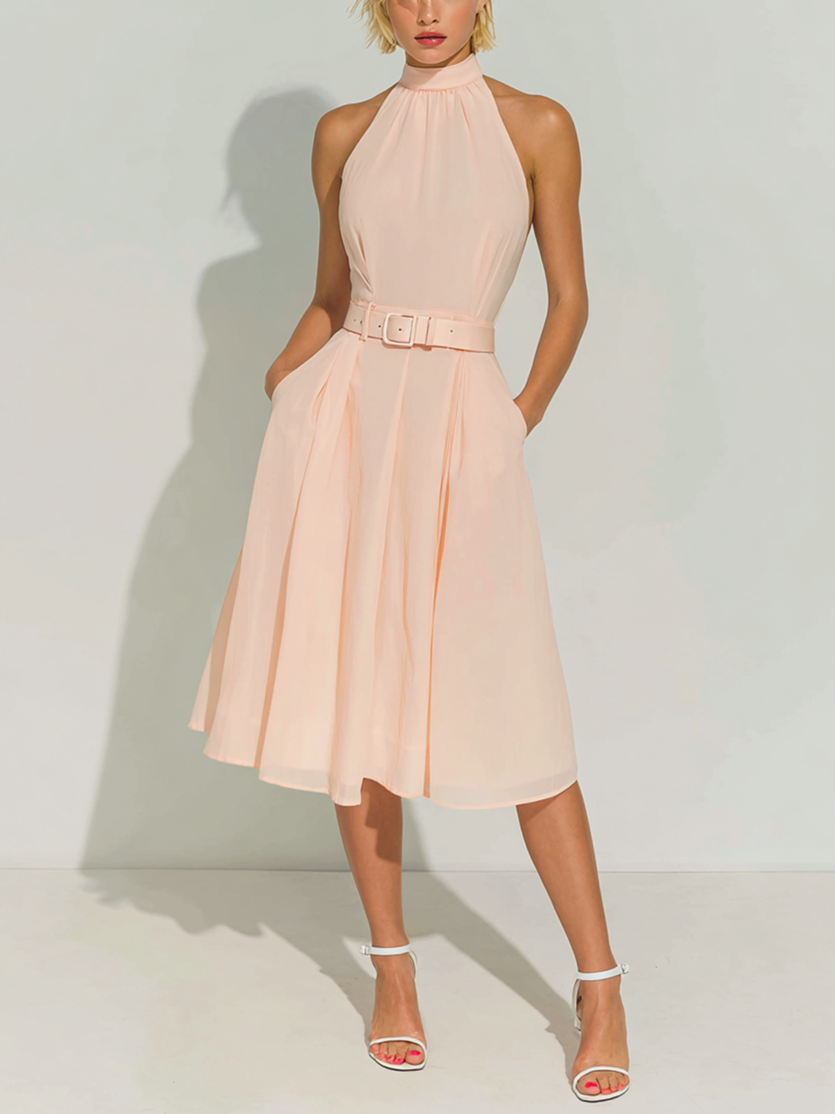 Stylish Elegant Pink Stand Collar Sleeveless Belt Loose Midi Dress