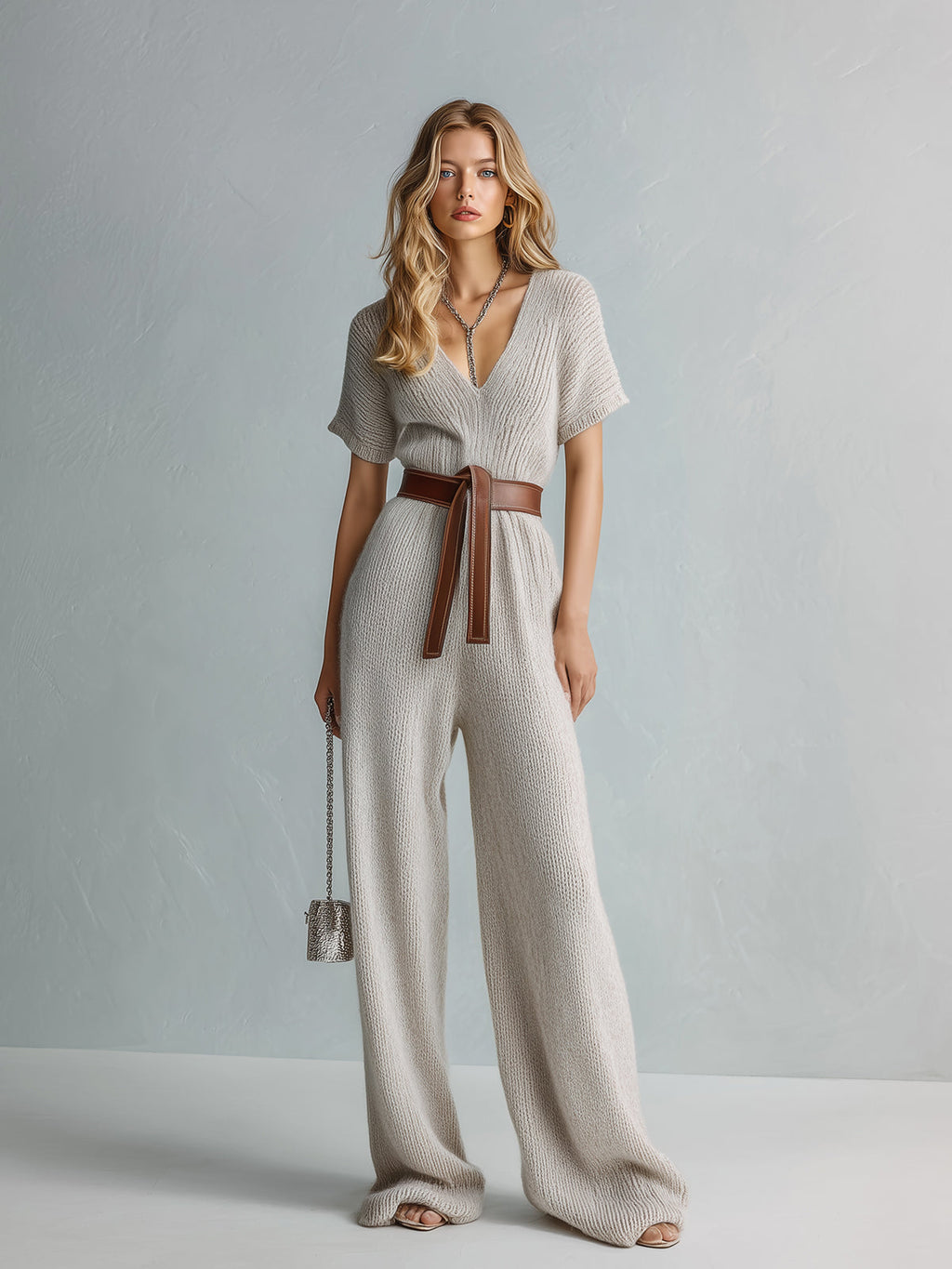 Chic Elegant Light Gray V-Neck Short-Sleeve Belted Loose-Fit Wide-Leg Knit Jumpsuit