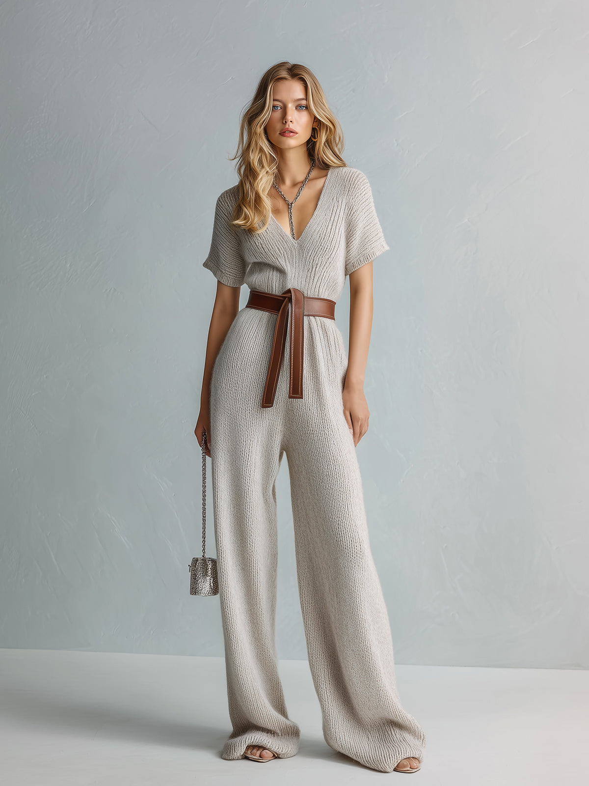 Chic Elegant Light Gray V-Neck Short-Sleeve Belted Loose-Fit Wide-Leg Knit Jumpsuit