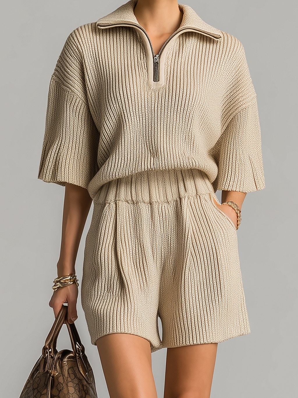 Stylish Casual Beige Lapel Half-Zip Short-Sleeved Loose Polo Sweater Shorts Knitted Two-Piece Set
