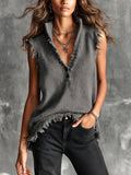 Chic Casual Gray Button-Up Stand Collar V-Neck Sleeveless Raw Edge Detail Loose-Fit Mohair Blend Knit Vest