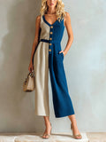 Chic Elegant Dark Blue-Beige Colorblock V-Neck Sleeveless Button-Front Loose-Fit Knit Cropped Jumpsuit