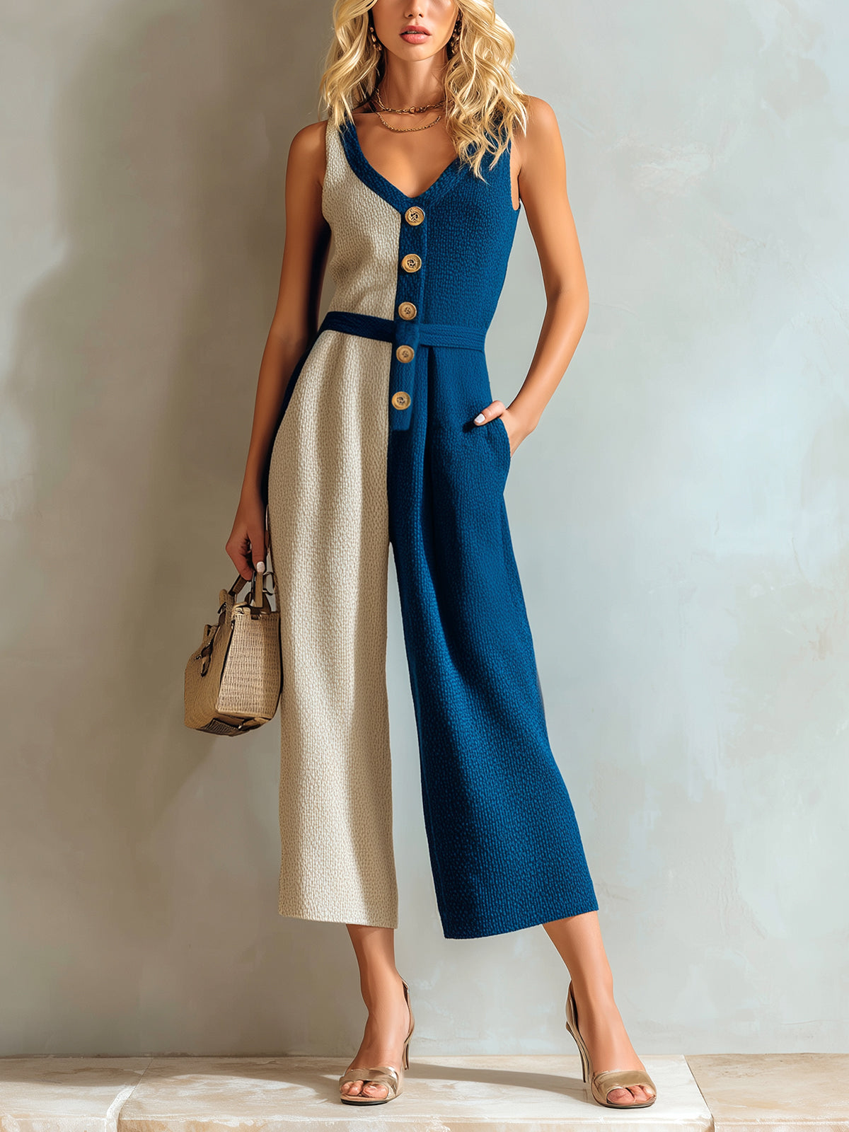 Chic Elegant Dark Blue-Beige Colorblock V-Neck Sleeveless Button-Front Loose-Fit Knit Cropped Jumpsuit