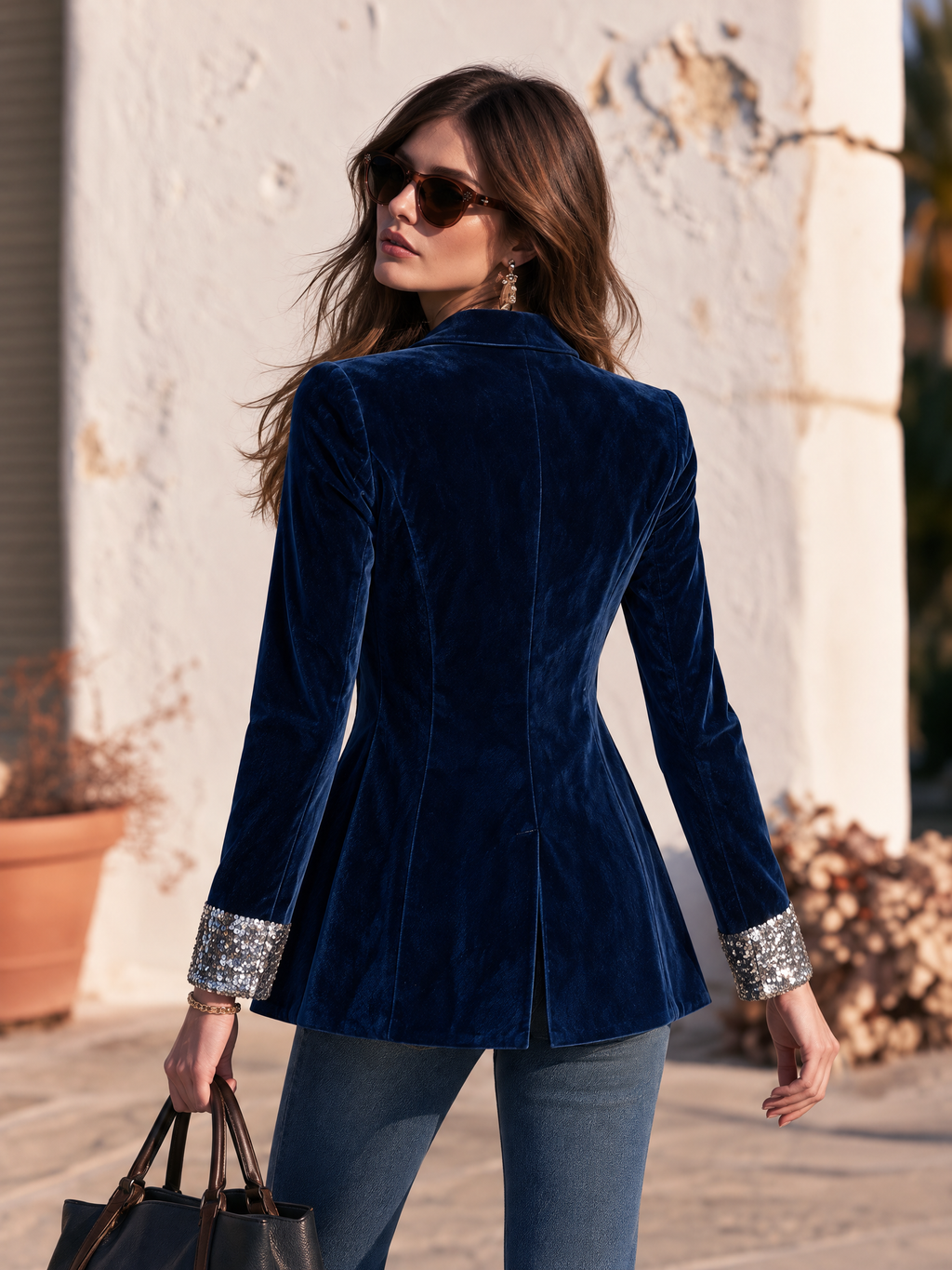 Trendy Retro Sequin Collar Velvet Blazer