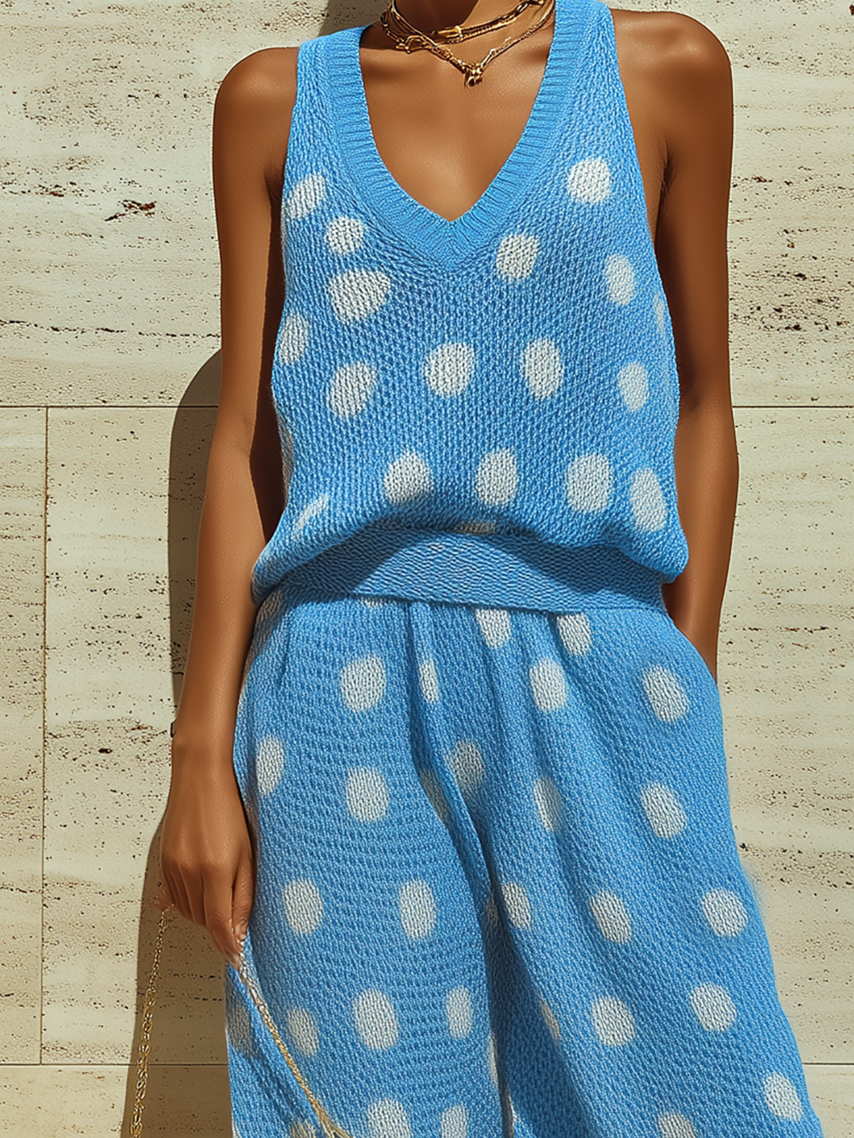 Chic Elegant Blue-White Polka Dot Jacquard V-Neck Sleeveless Loose Vest Wide-Leg Knit Two-Piece Set