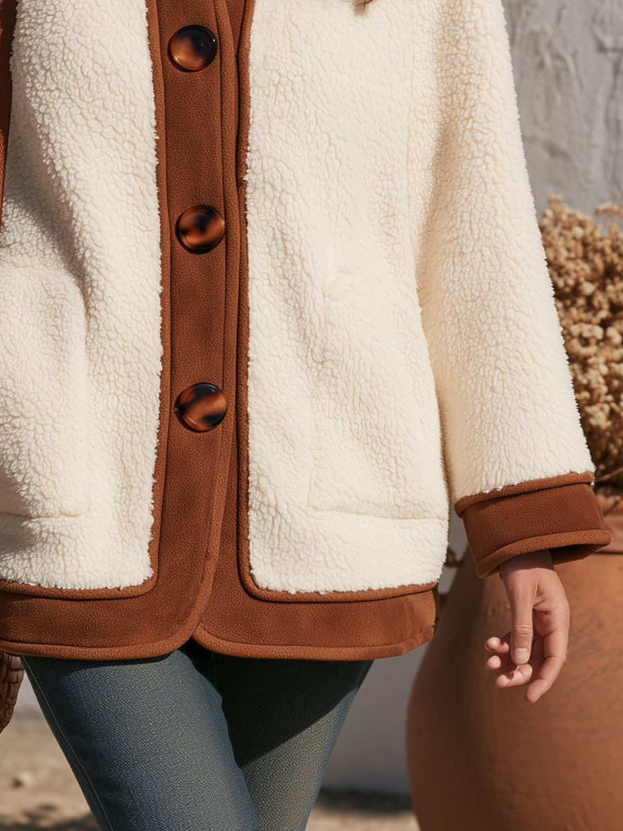 Casual Brown Contrasting Trim Off-white Faux Fur Coat