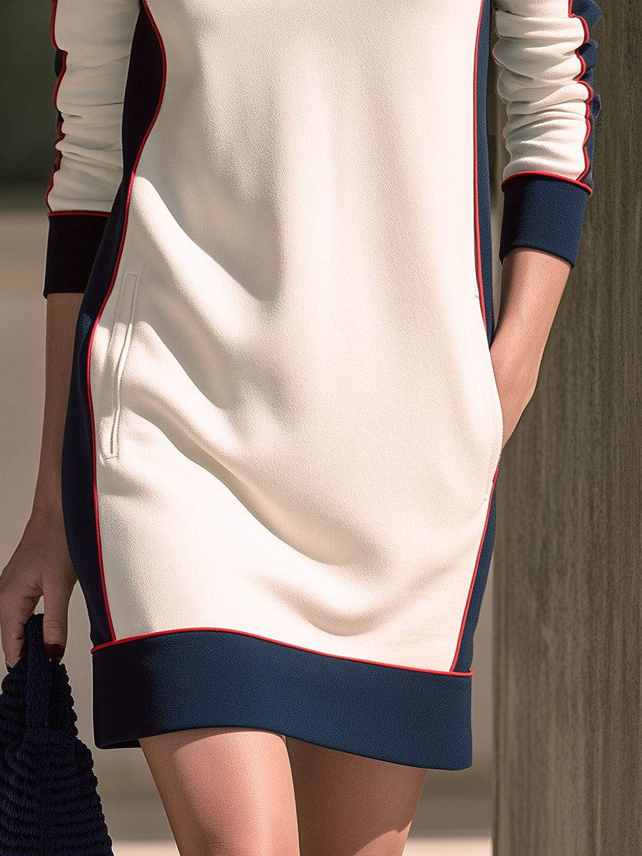 Casual Half-Zip Colorblock Long-Sleeve Mini Dress