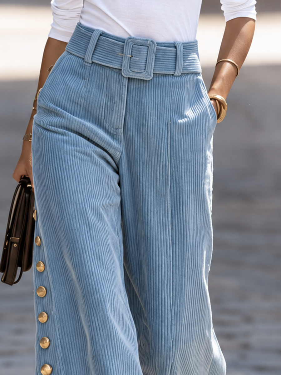 Resort-style Wide-belted Solid Color Trousers