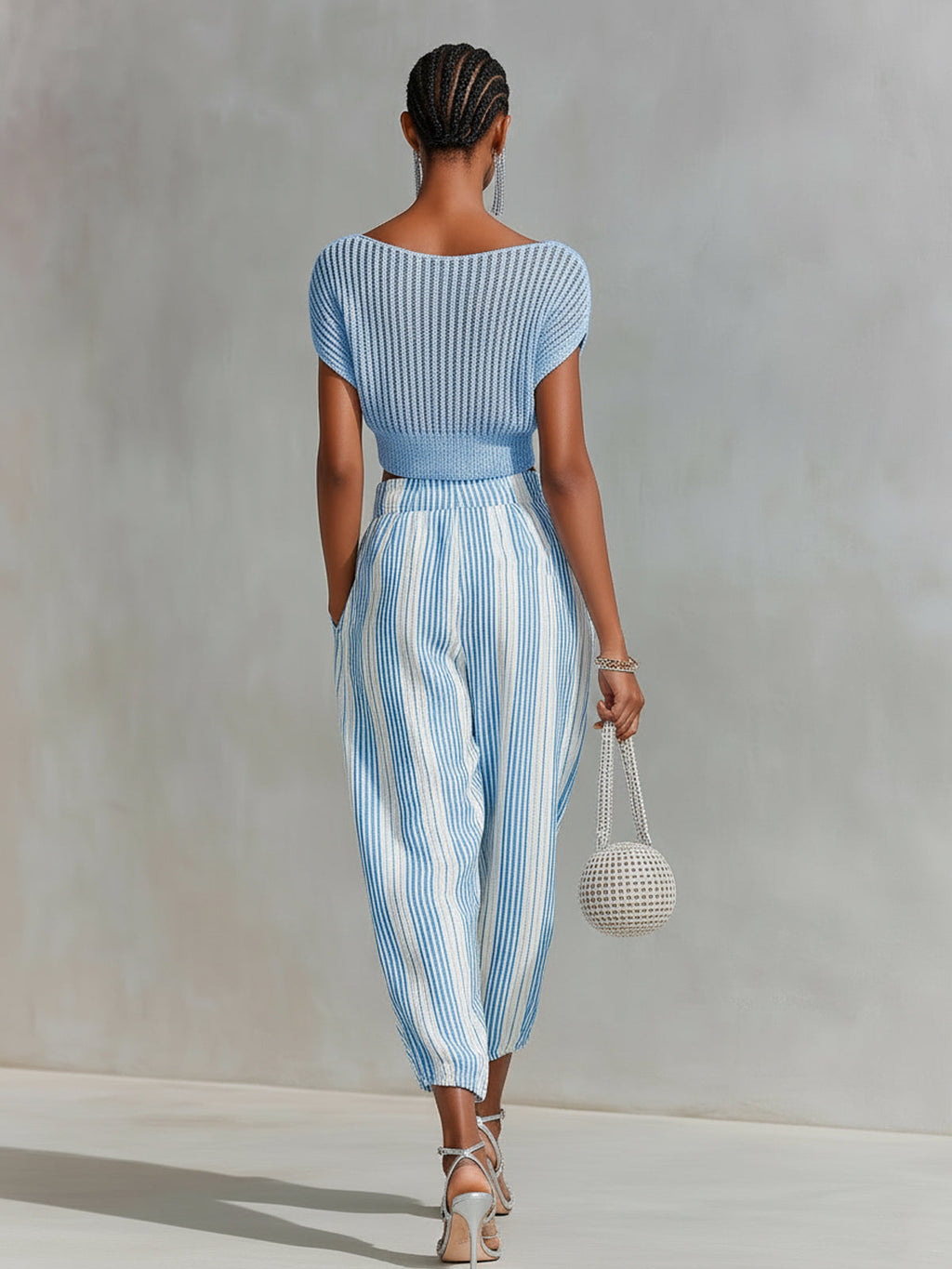 Chic Elegant Blue Short-Sleeve Loose-Fit Mesh Knit Top Blue-White Stripes Cotton Blend Cuffed Pants Two-Piece Set