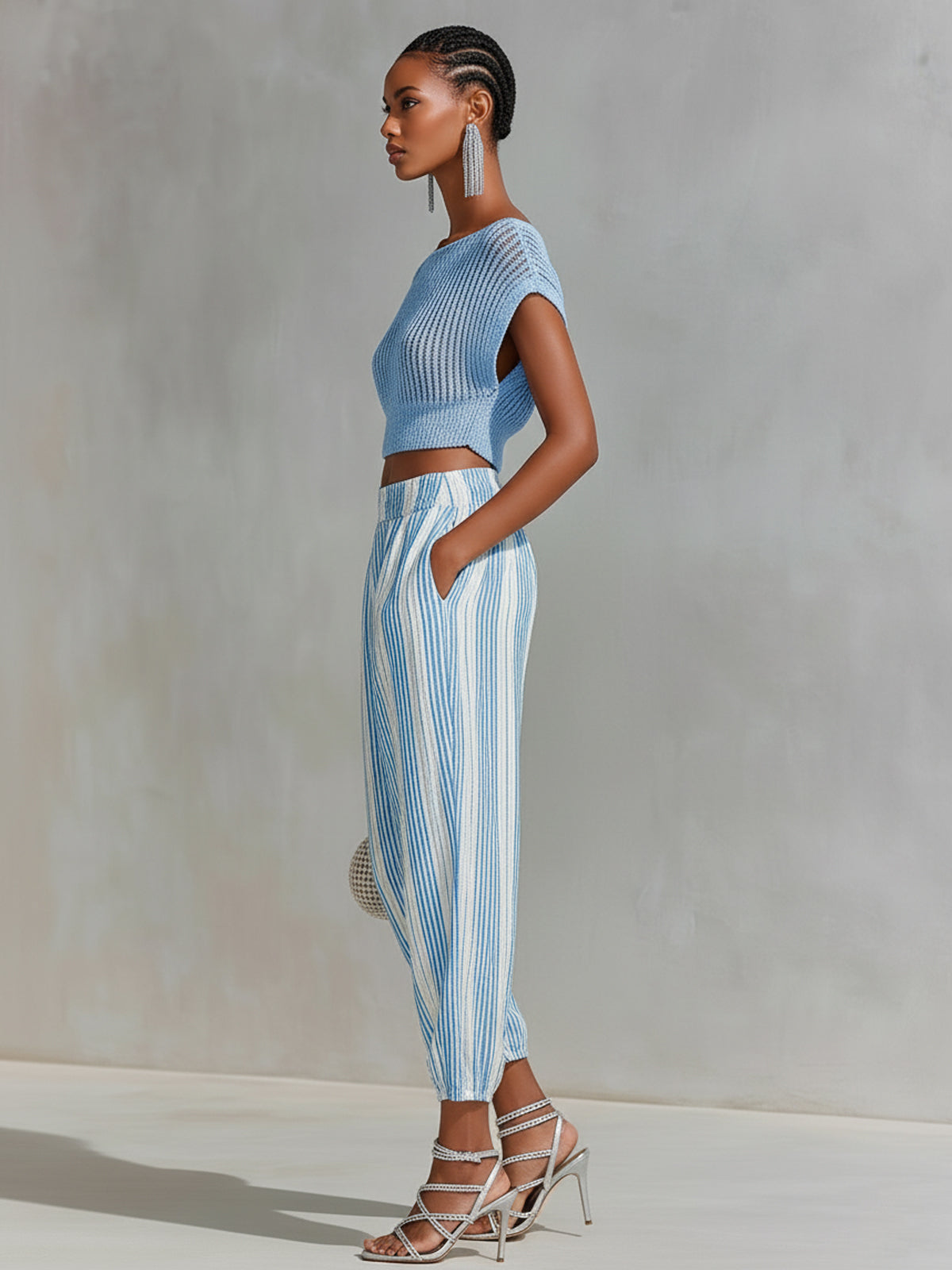 Chic Elegant Blue Short-Sleeve Loose-Fit Mesh Knit Top Blue-White Stripes Cotton Blend Cuffed Pants Two-Piece Set