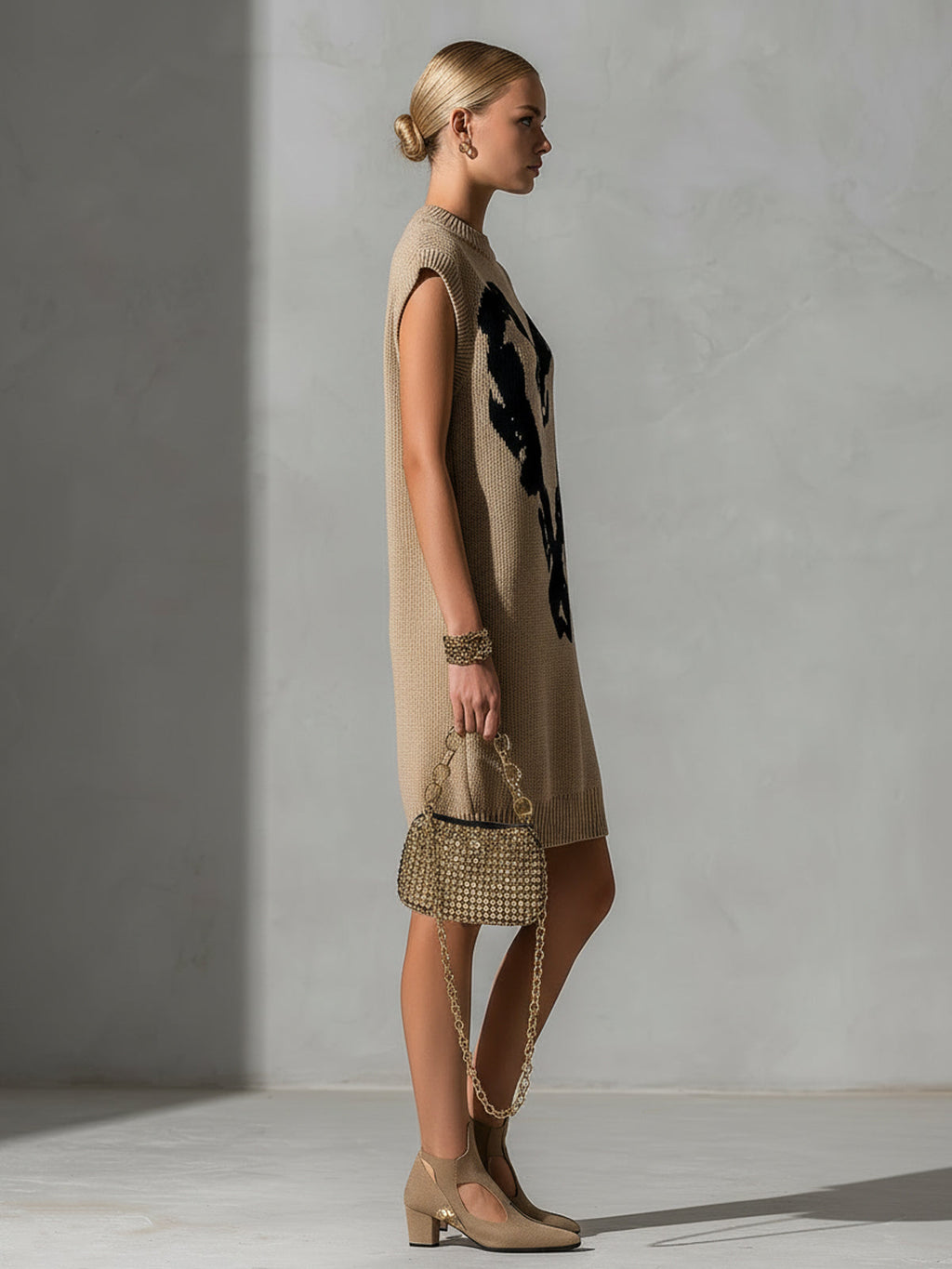 Chic Elegant Camel Round-Neck Sleeveless Black Heart Jacquard Loose-Fit Knit Midi Dress