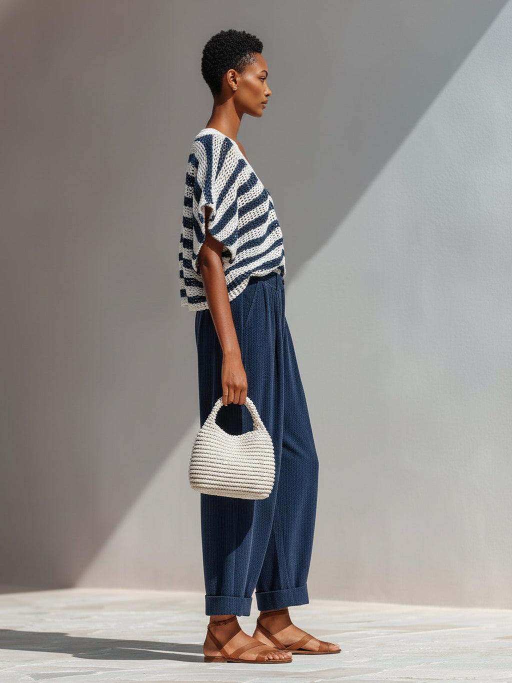 Chic Elegant Navy-White Stripes V-Neck Short-Sleeve Loose-Fit  Knit Top Navy Cotton Blend Pants Two-Piece Set