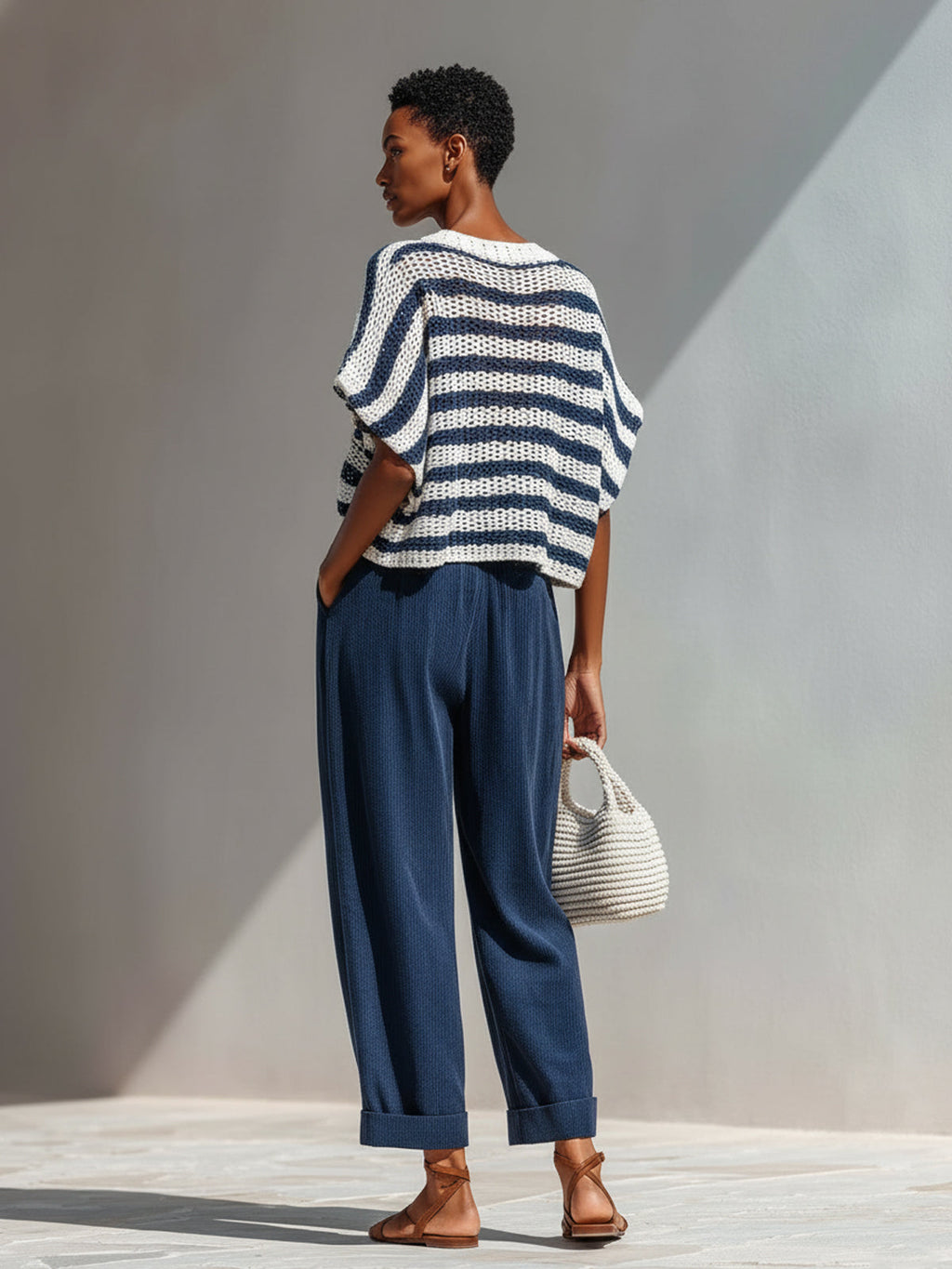 Chic Elegant Navy-White Stripes V-Neck Short-Sleeve Loose-Fit  Knit Top Navy Cotton Blend Pants Two-Piece Set