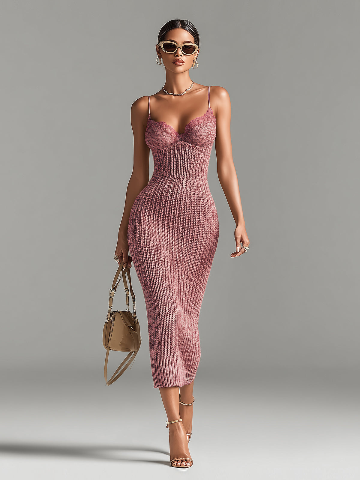 Chic Elegant Camel V-Neck Spaghetti Straps Sleeveless Lace Patch Slim-Fit Detail Ribbed Knit Bodycon Midi Dress