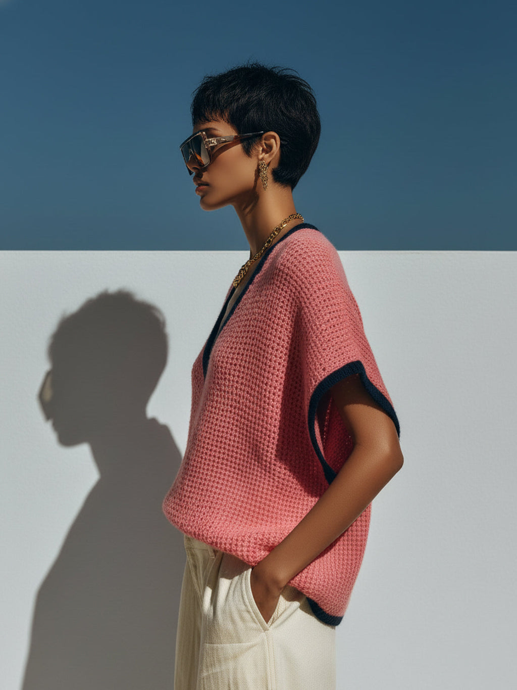 Chic Casual Dark Pink Contrast-Trim V-Neck Short-Sleeve Loose-Fit Breathable Knit Sweater Top