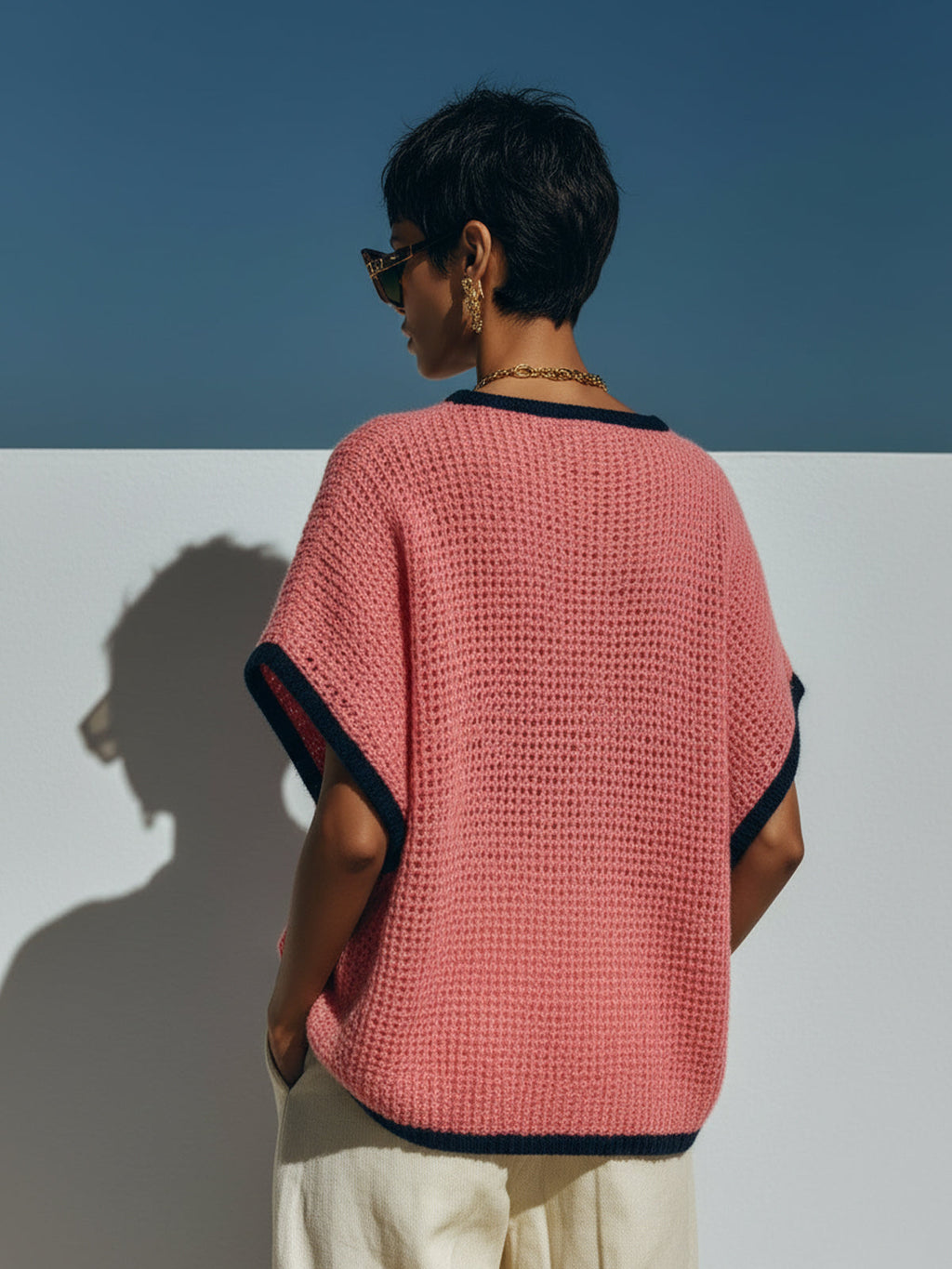 Chic Casual Dark Pink Contrast-Trim V-Neck Short-Sleeve Loose-Fit Breathable Knit Sweater Top