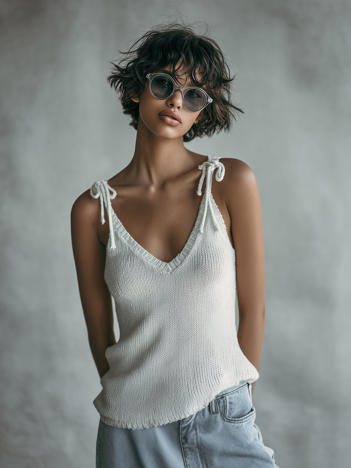 Chic Casual White Self-Tie Strap V-Neck Slim-Fit Knit Camisole