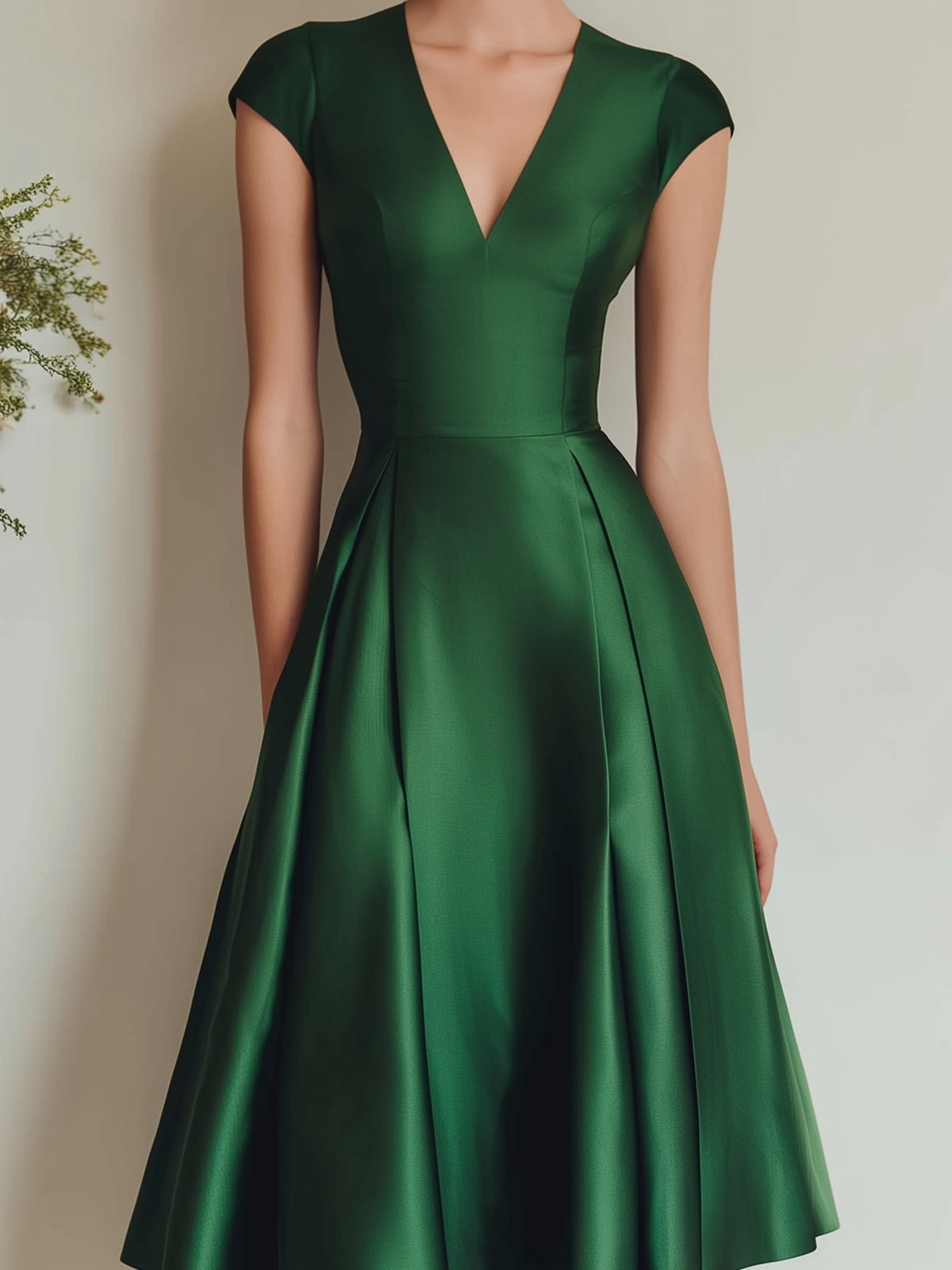 Stylish Elegant Green Cap Sleeve A-Line Slim Sant Midi Dress