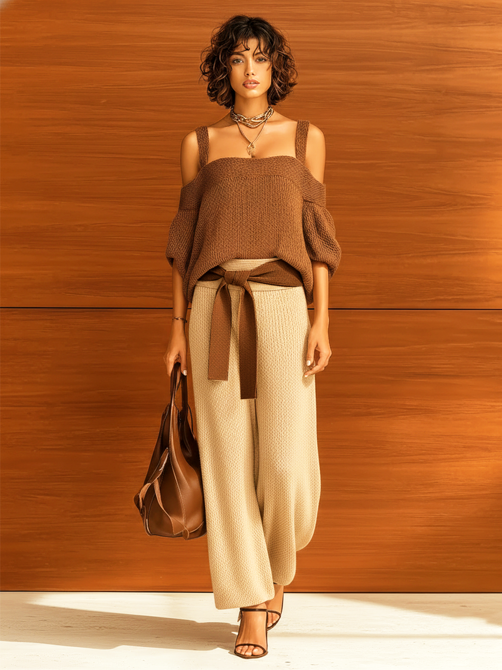 Chic Casual Brown Off-Shoulder Short-Sleeve Loose Sweater Waist Tie Wide-Leg Pants Knit Two-Piece Set