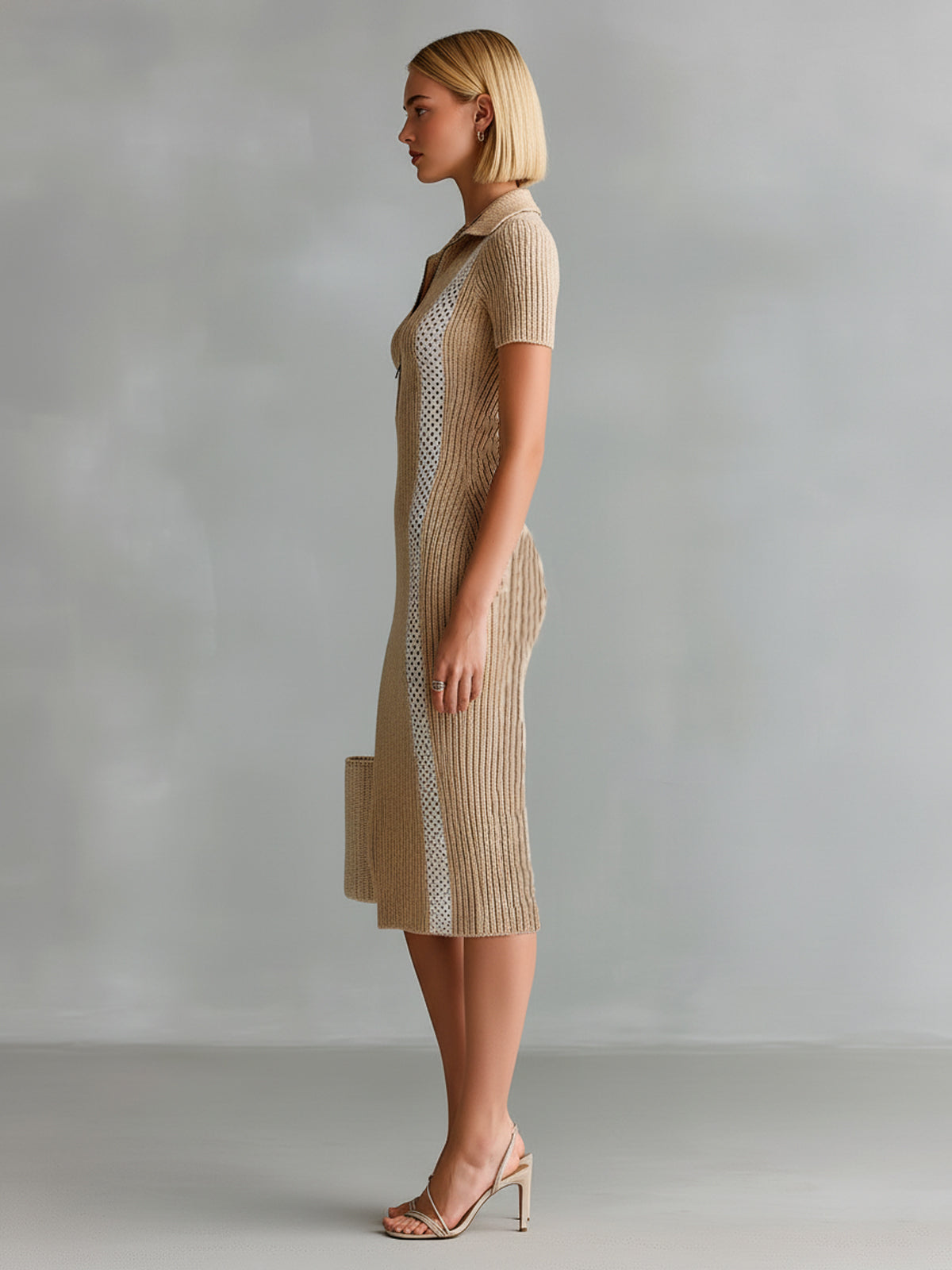 Chic Elegant Light Camel-White Colorblock Zipper-Up Lapel Collar Short-Sleeve Slim-Fit Ribbed Knit Midi Dress