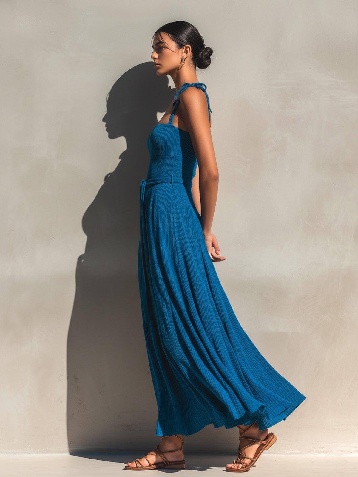 Chic Elegant Dark Blue Spaghetti Straps Square Neck Sleeveless Tie-Waist A-Line Ribbed Knit Maxi Dress