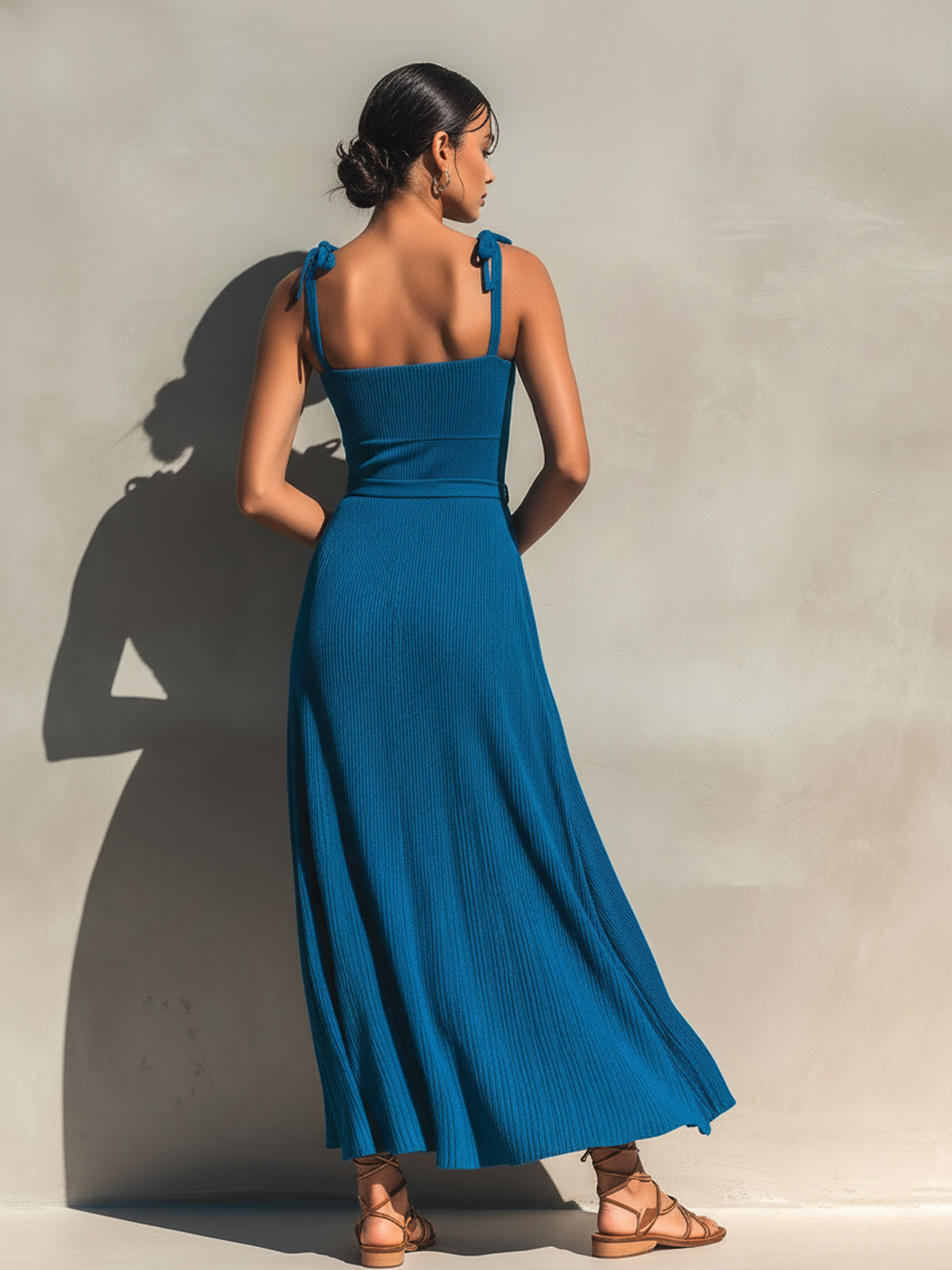 Chic Elegant Dark Blue Spaghetti Straps Square Neck Sleeveless Tie-Waist A-Line Ribbed Knit Maxi Dress