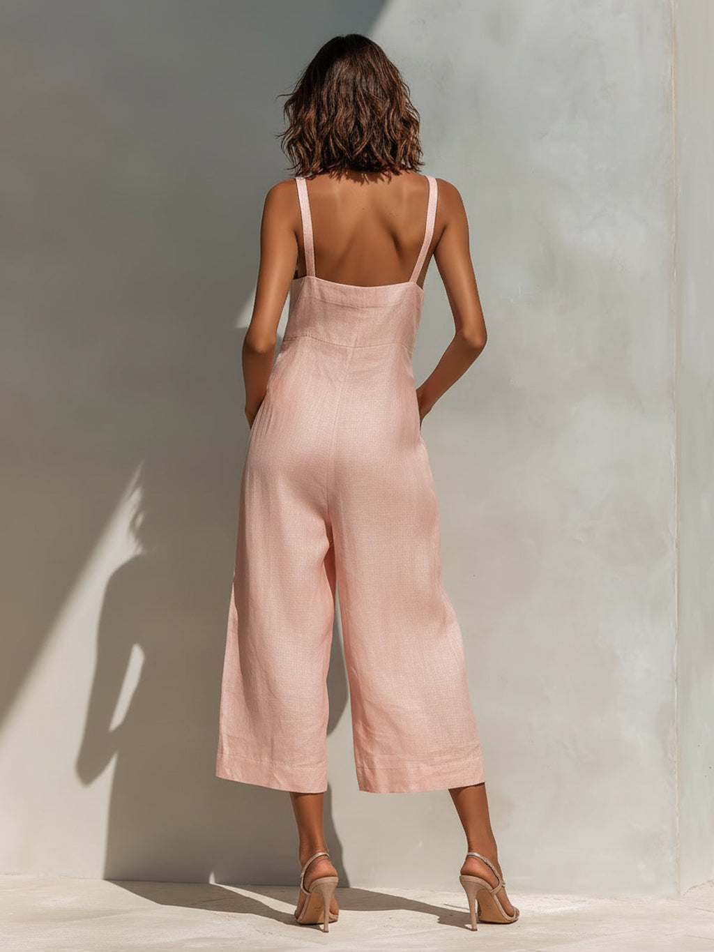Chic Elegant Pink Cotton Linen Blend Thin Straps Sleeveless  Patch Pockets Loose-Fit Wide-Leg Cropped Jumpsuit