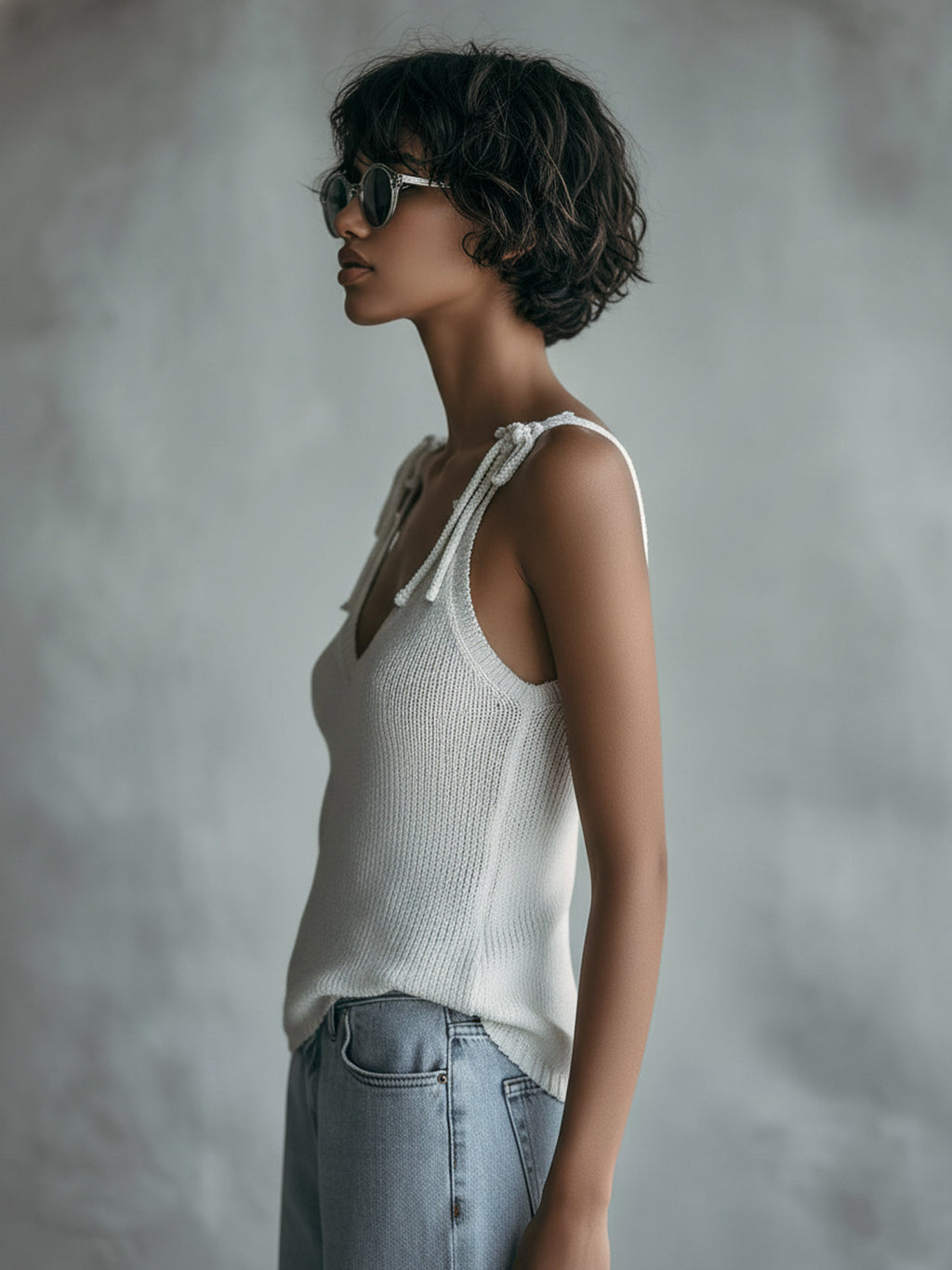 Chic Casual White Self-Tie Strap V-Neck Slim-Fit Knit Camisole