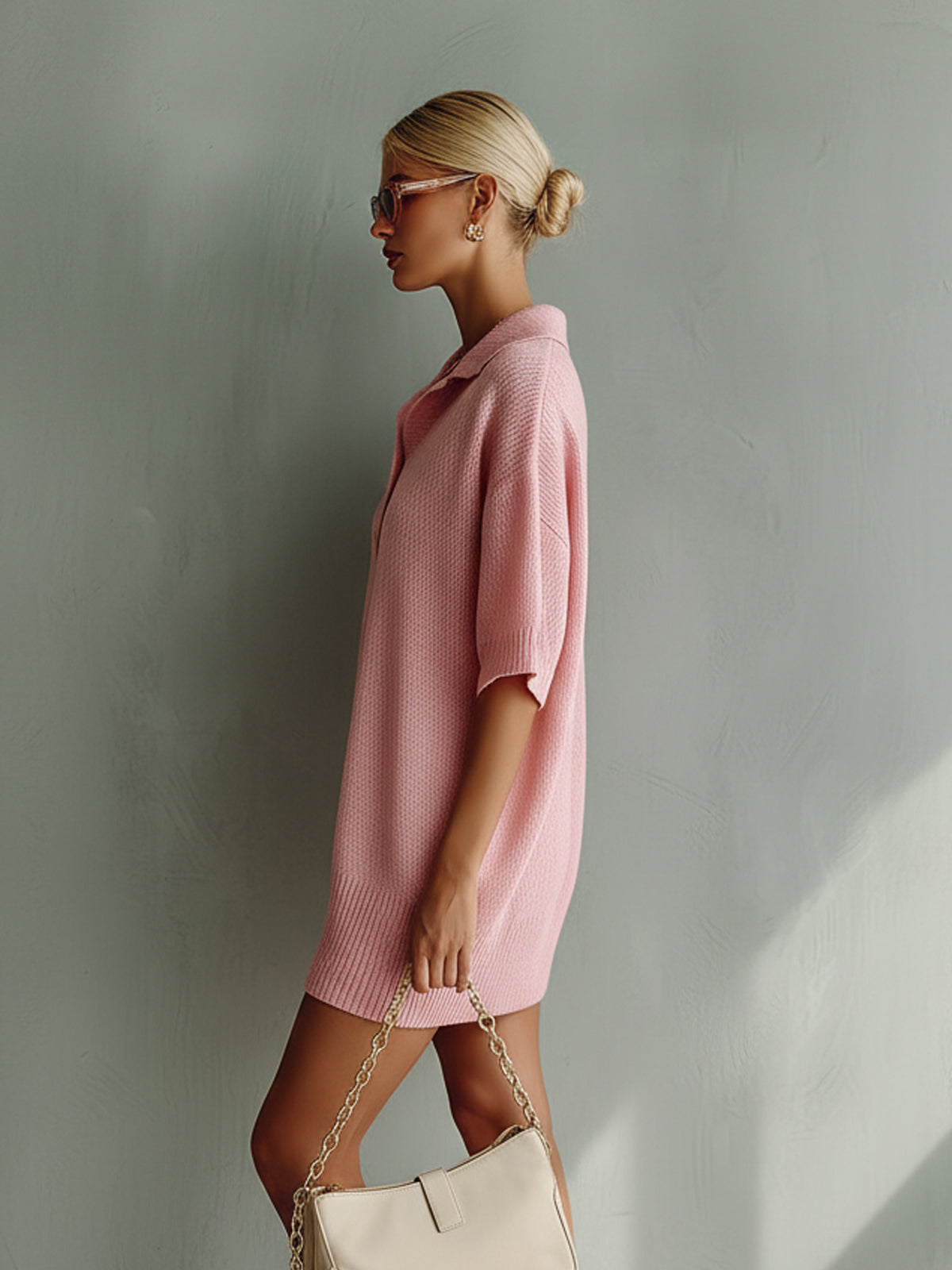 Chic Elegant Pink Button-Up Lapel Collar Short-Sleeve Oversize Knit Mini Dress