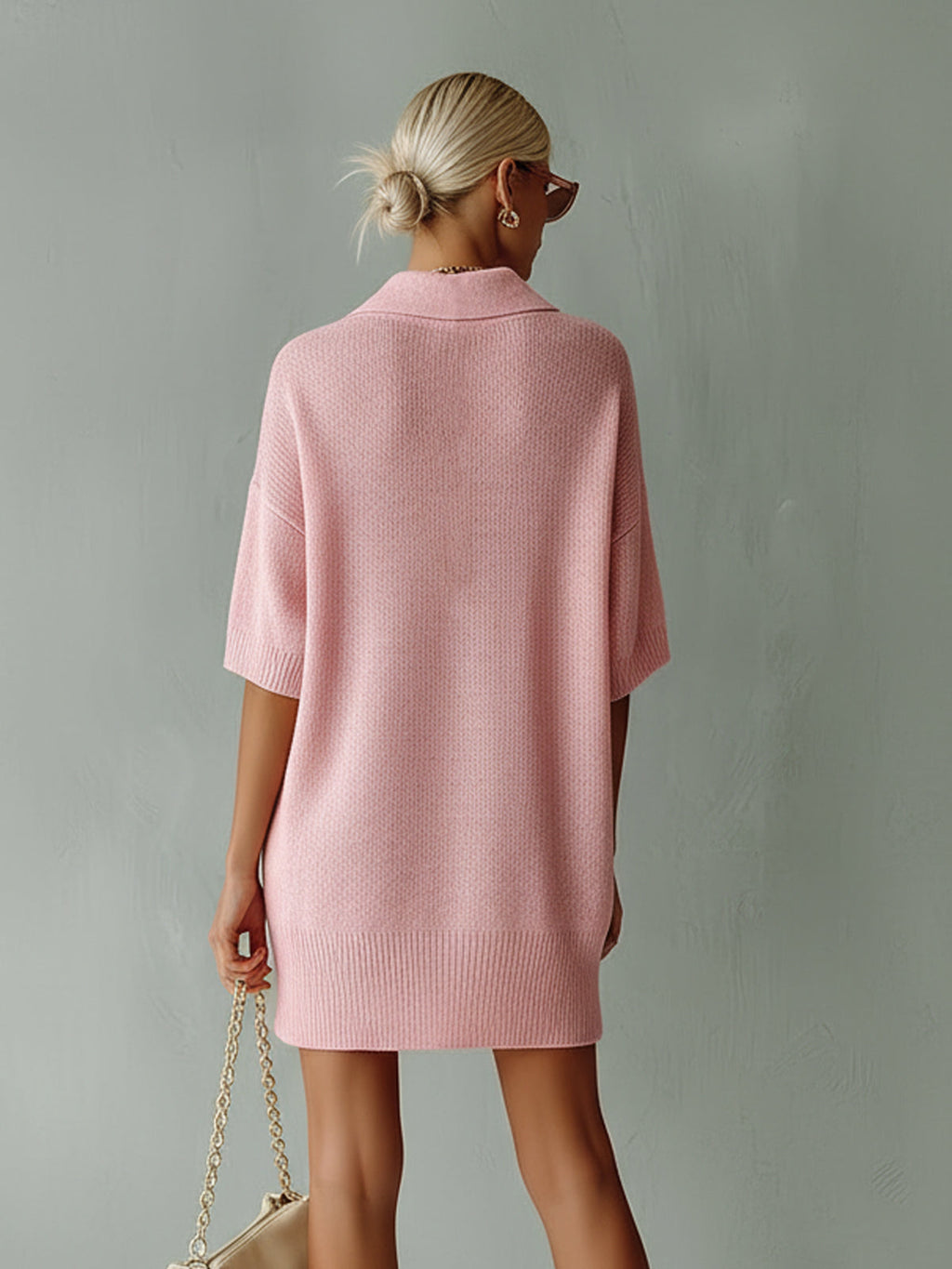 Chic Elegant Pink Button-Up Lapel Collar Short-Sleeve Oversize Knit Mini Dress