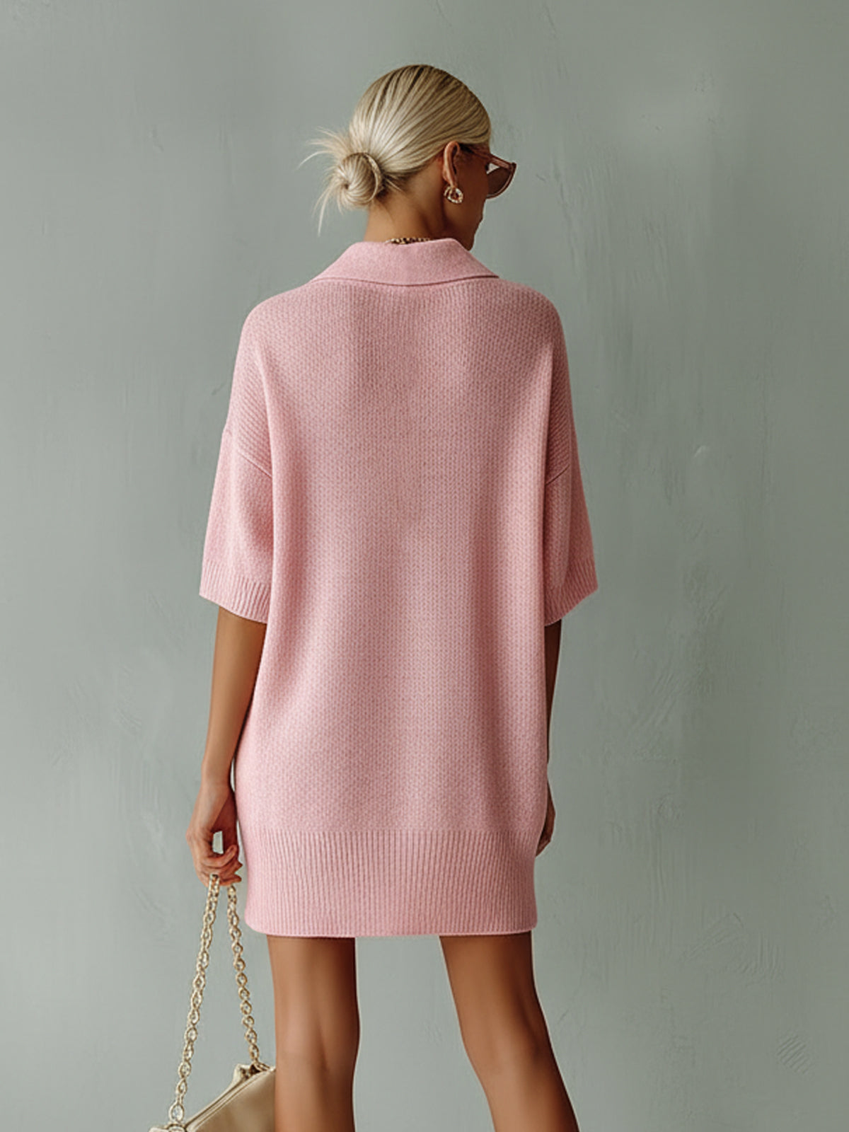 Chic Elegant Pink Button-Up Lapel Collar Short-Sleeve Oversize Knit Mini Dress
