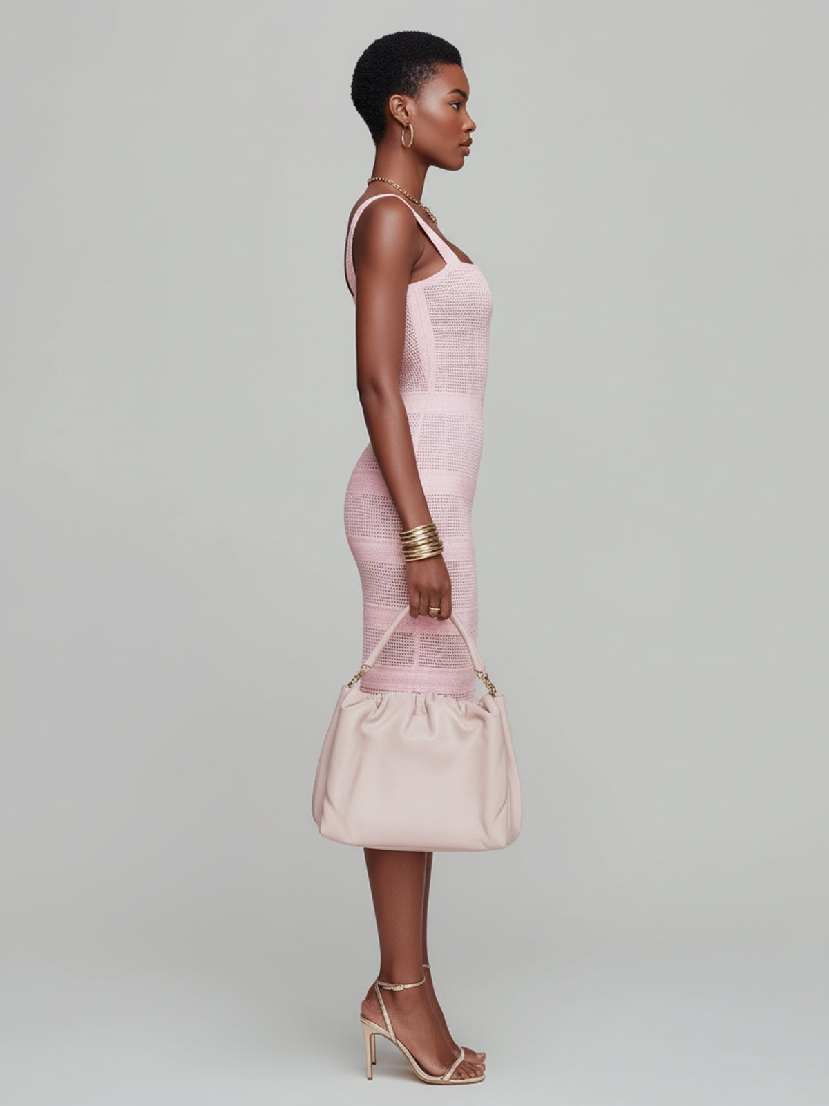Chic Elegant Pink Square Neck Sleeveless Patchwork Striped Slim-Fit Knit Bodycon Midi Dress