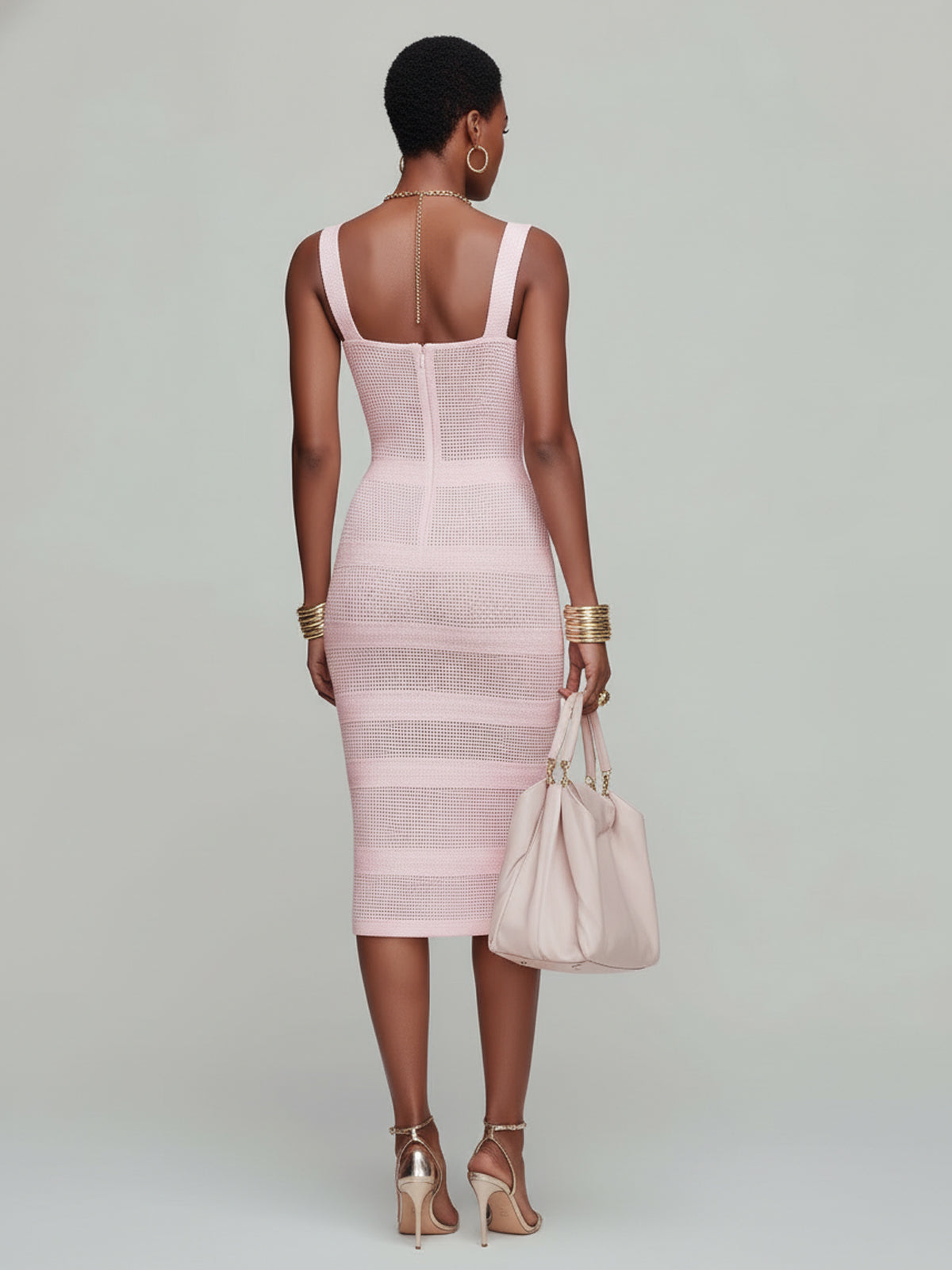 Chic Elegant Pink Square Neck Sleeveless Patchwork Striped Slim-Fit Knit Bodycon Midi Dress